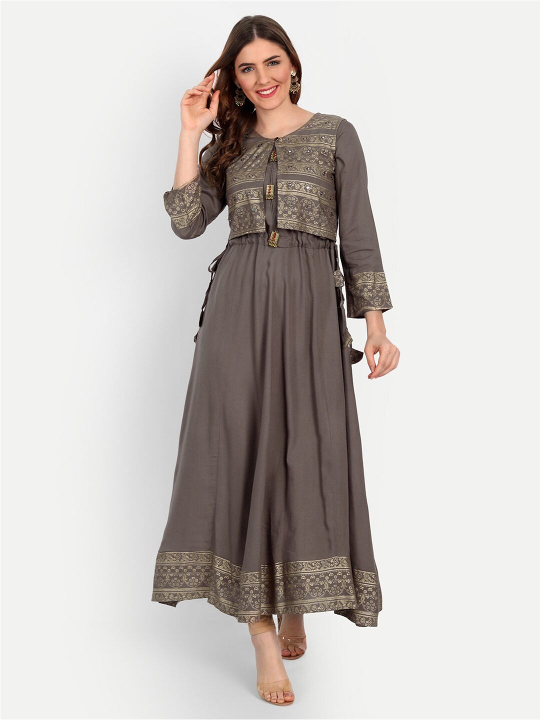 

Happy Design Ethnic Motifs Printed Tie-Ups Detailed A-Line Kurta With Jacket, Grey