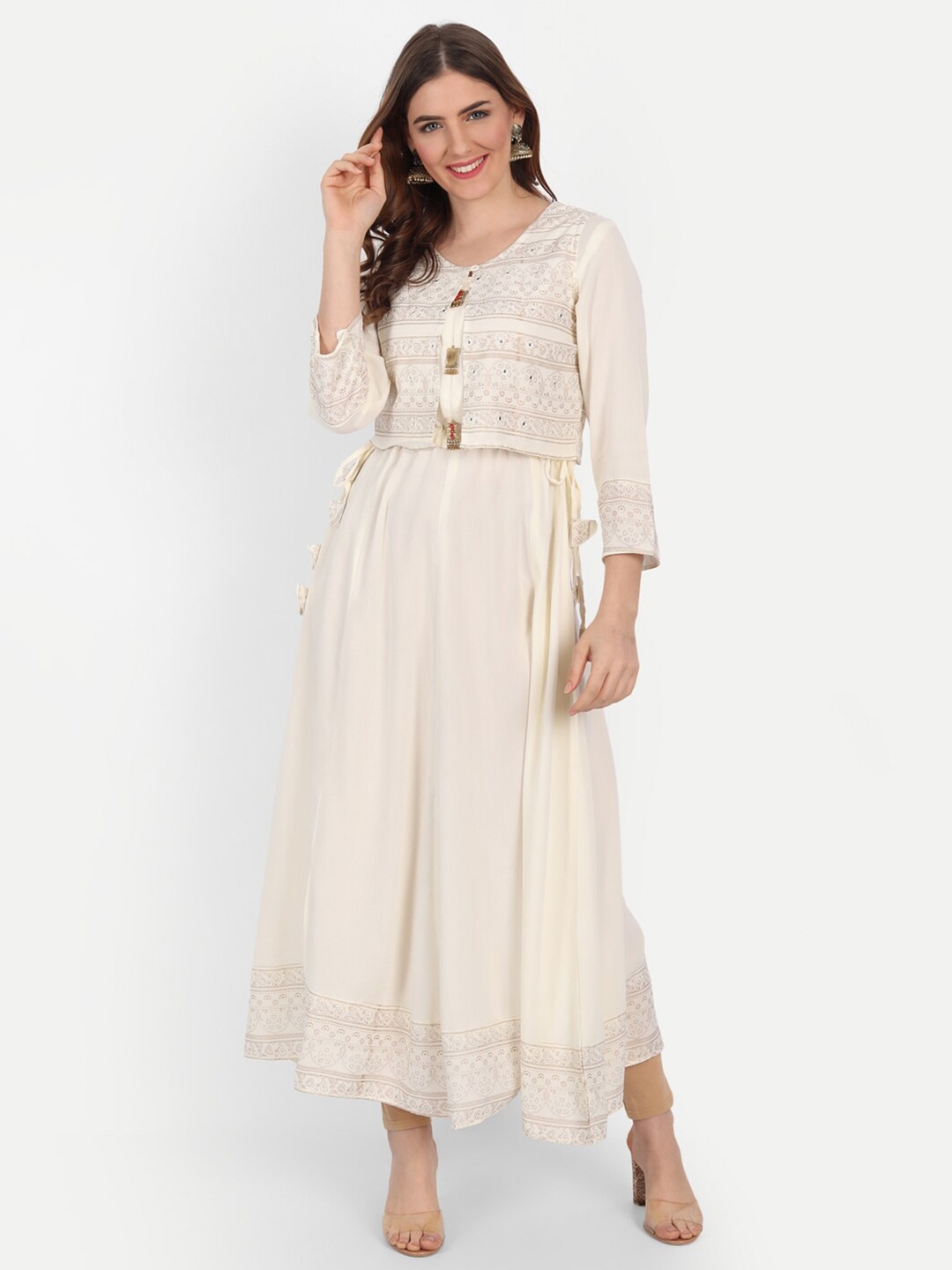 

Happy Design Ethnic Motifs Printed Tie-Ups Detailed A-Line Kurta With Jacket, White