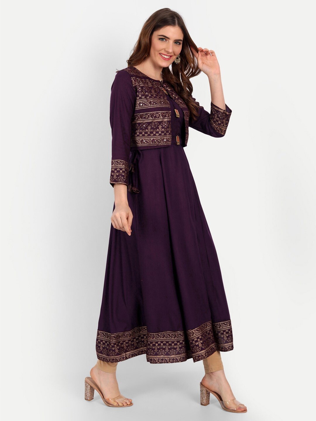 

Happy Design Ethnic Motifs Printed Tie-Ups Detailed A-Line Kurta With Jacket, Burgundy