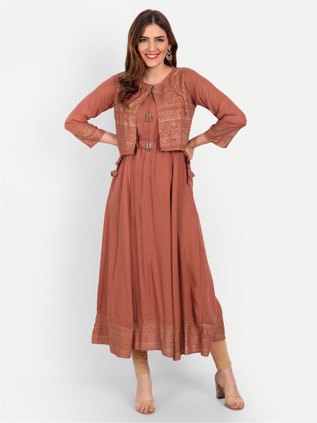 

Happy Design Ethnic Motifs Printed Tie-Ups Detailed A-Line Kurta With Jacket, Rust