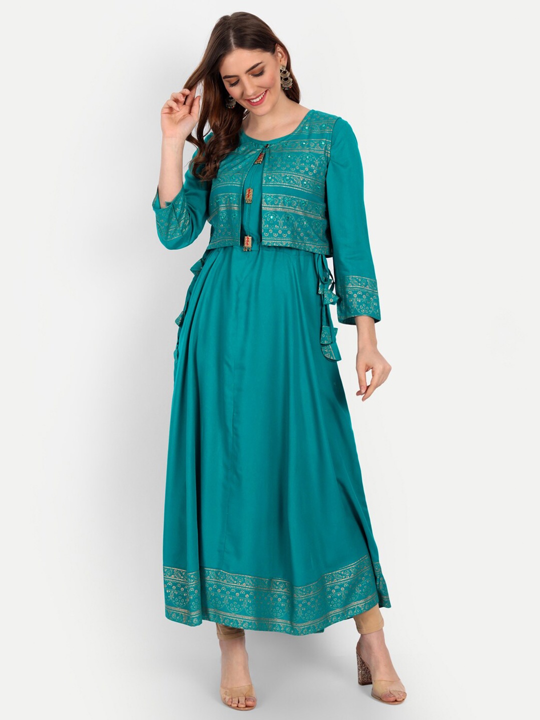 

Happy Design Ethnic Motifs Printed Tie-Ups Detailed A-Line Kurta With Jacket, Turquoise blue