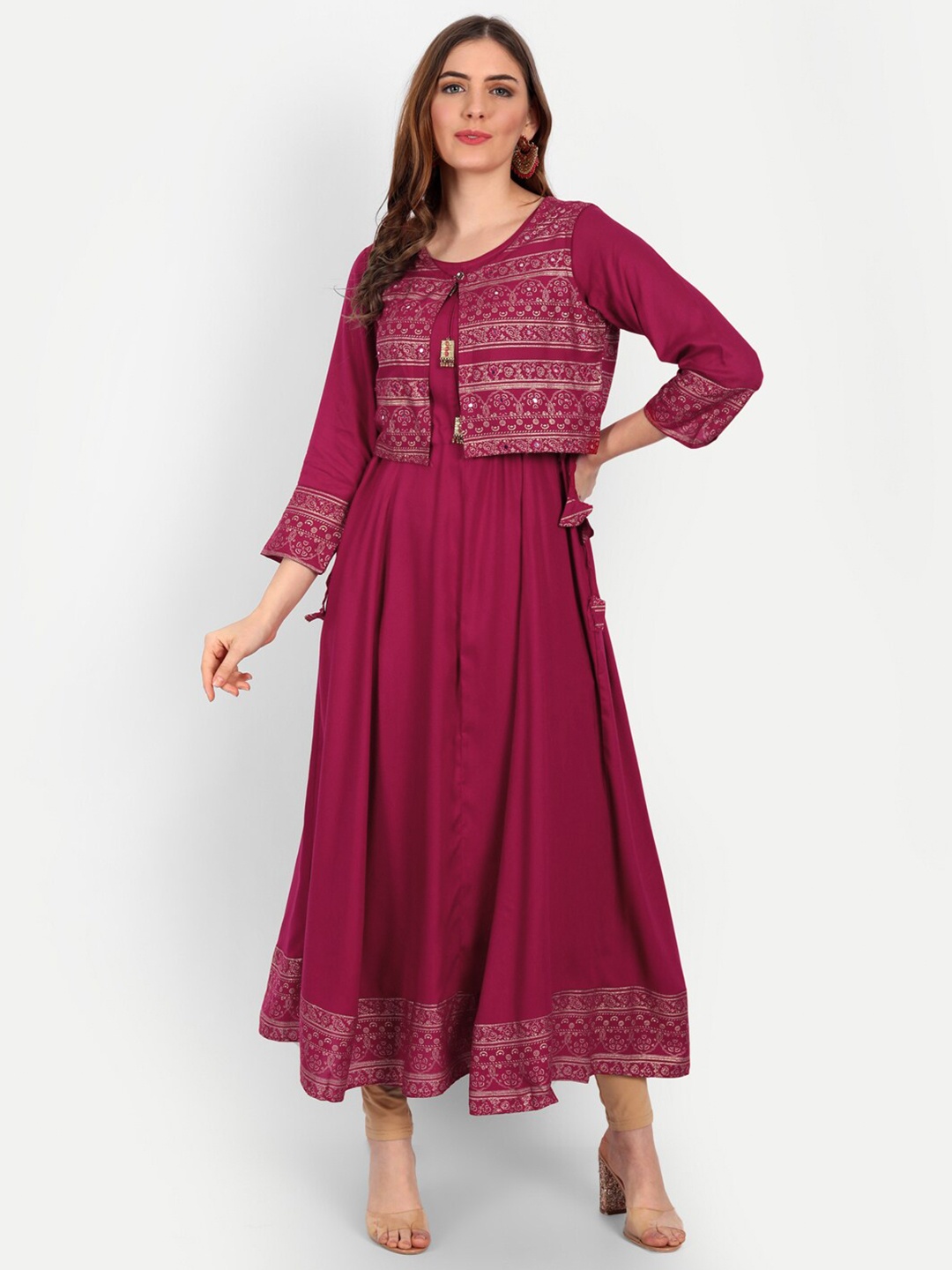 

Happy Design Ethnic Motifs Printed Tie-Ups Detailed A-Line Kurta With Jacket, Magenta