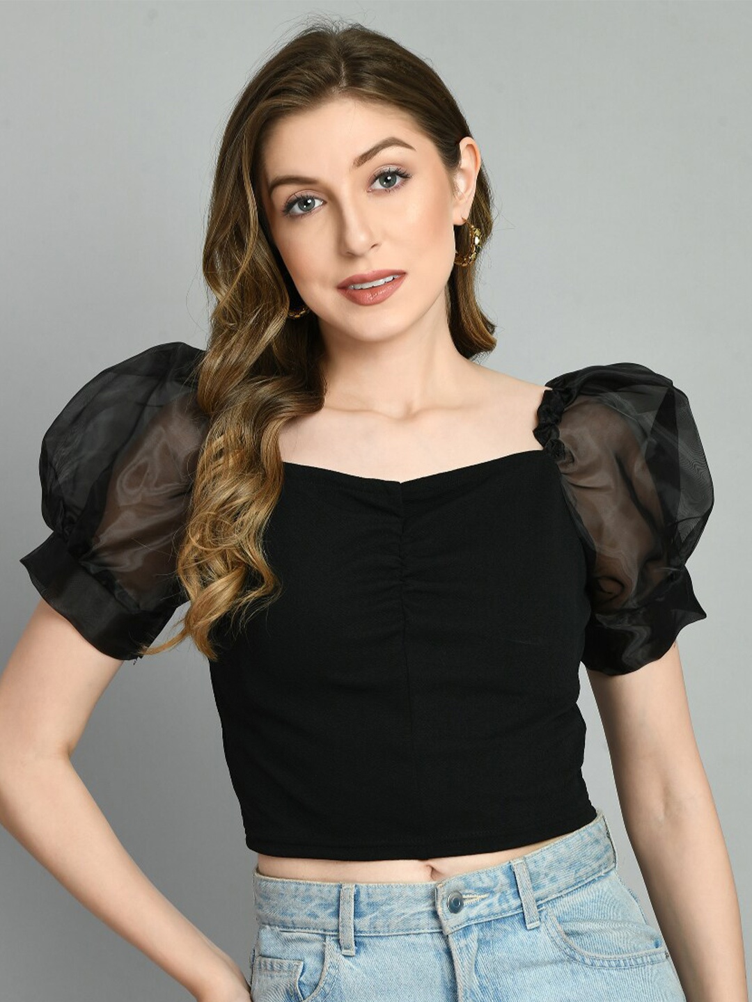 

IUGA Black Sweetheart Neck Puff Sleeves Crop Top