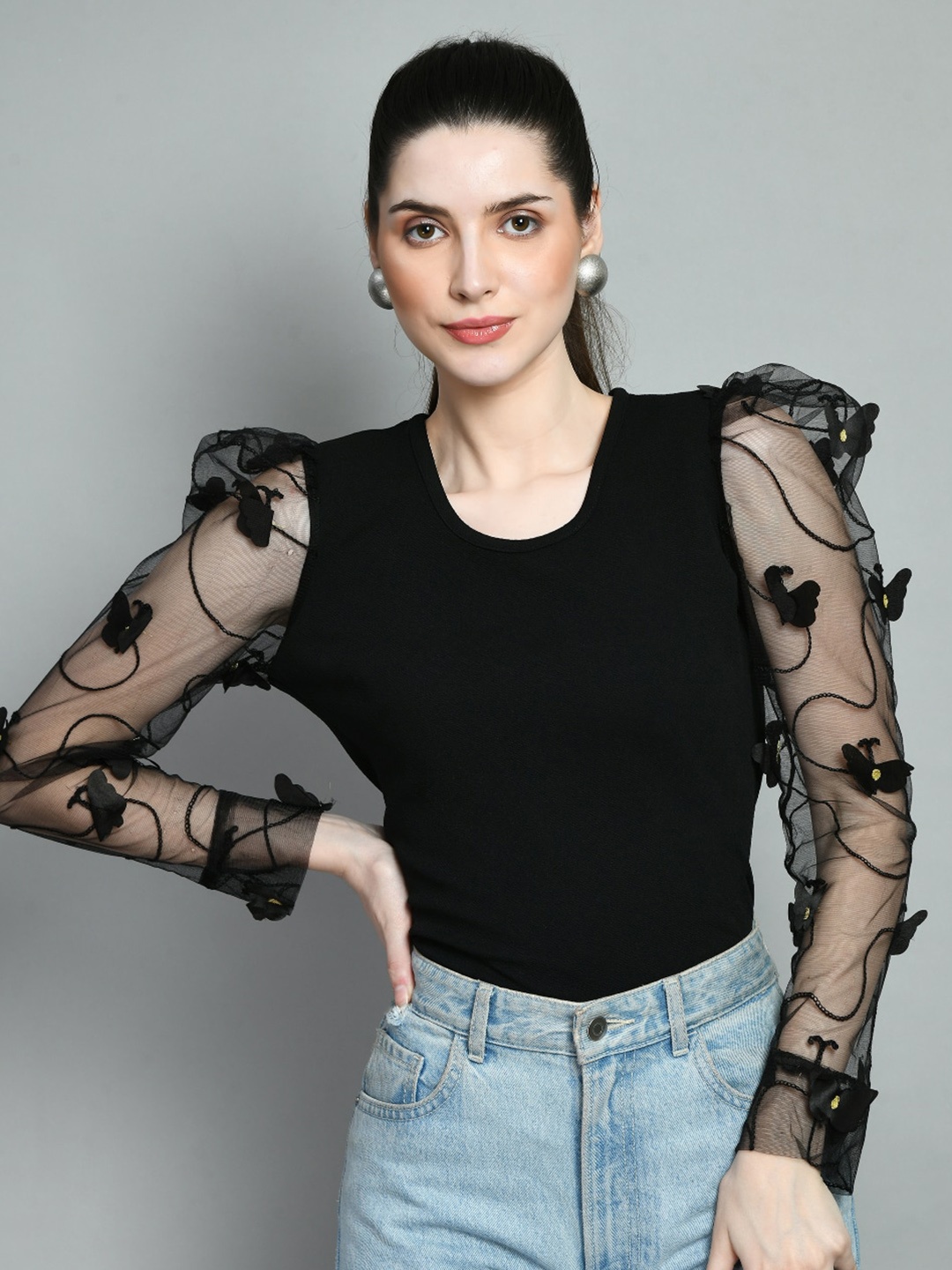 

IUGA Scoop Neck Puff Sleeves Top, Black