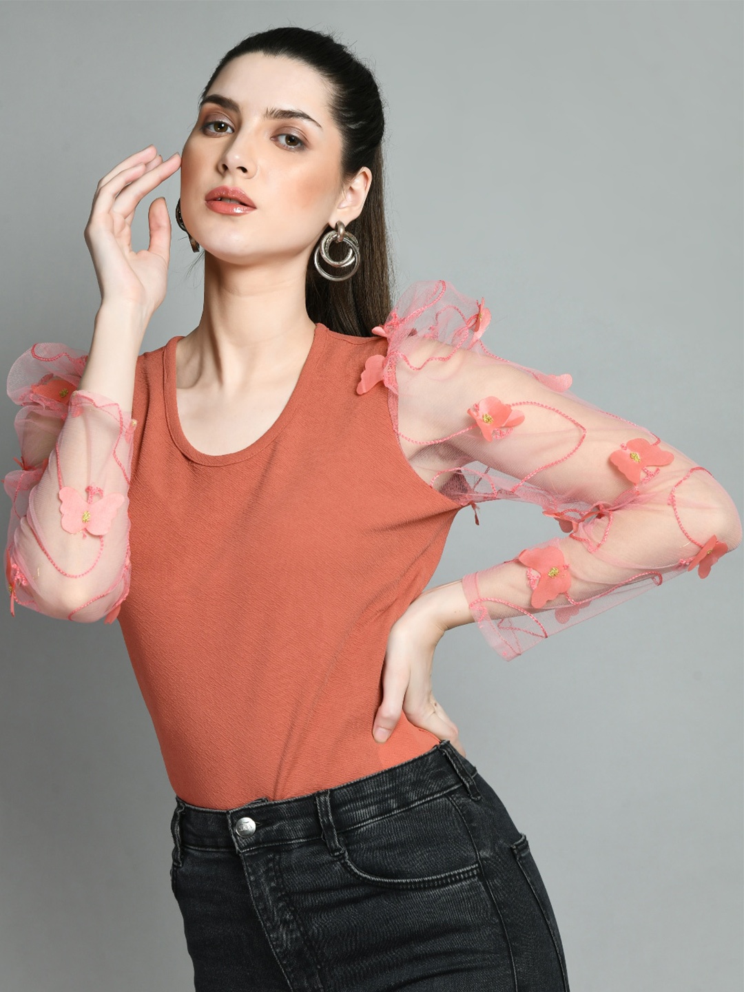 

IUGA Scoop Neck Net Sleeves Top, Orange