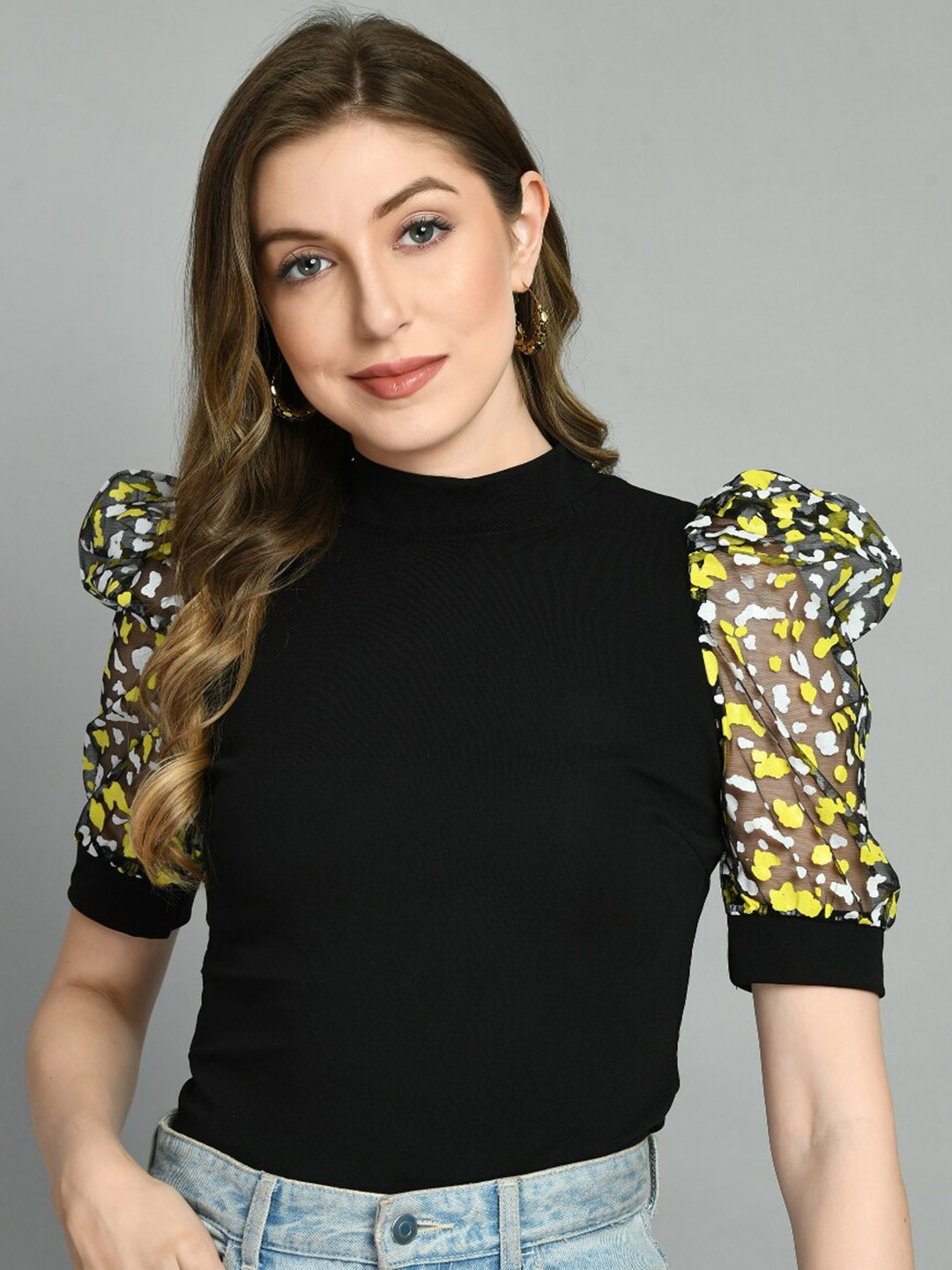 

IUGA Abstract Printed Puff Sleeve High Neck Fitted Top, Black