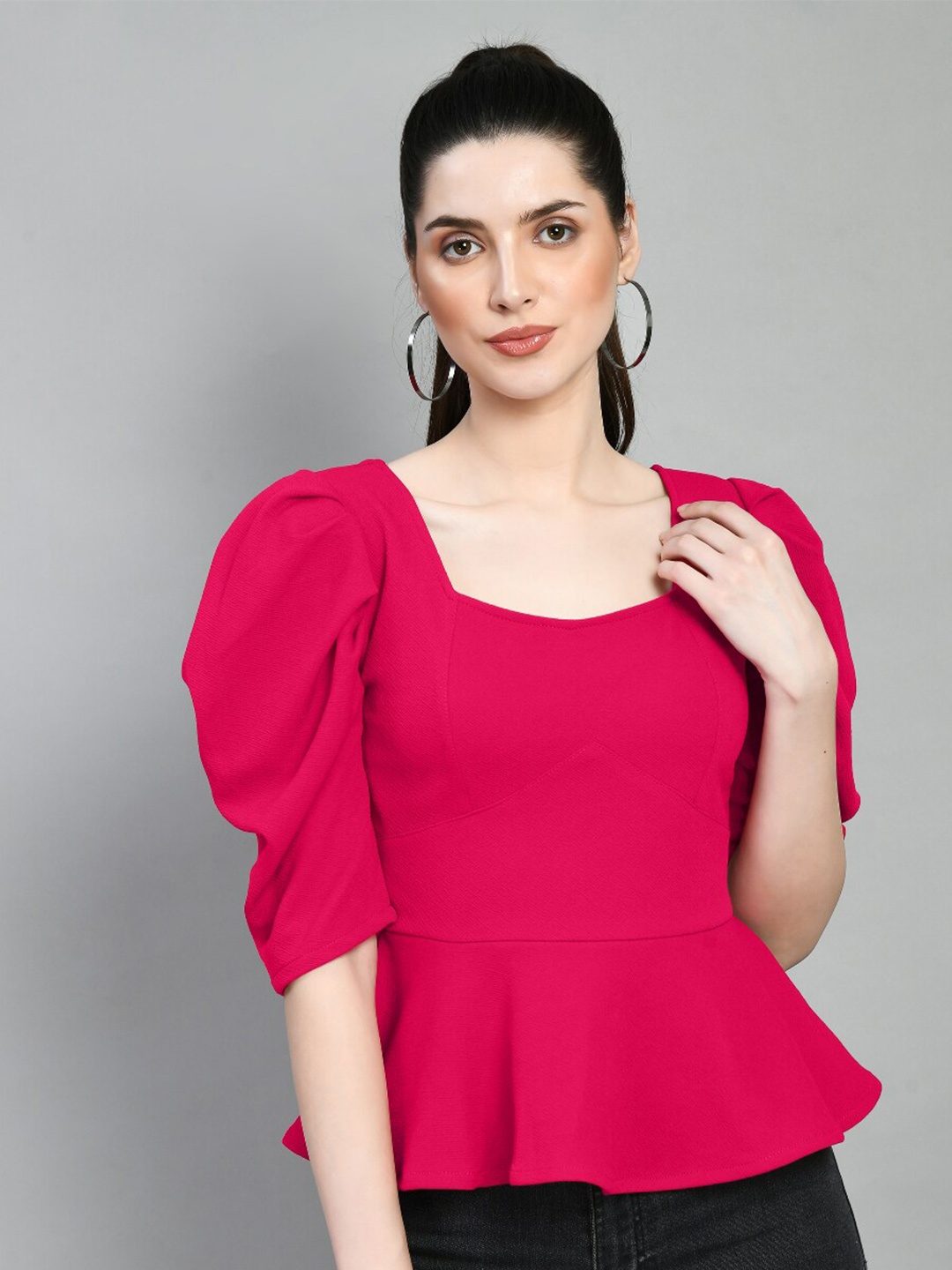 

IUGA Puff Sleeves Peplum Top, Magenta