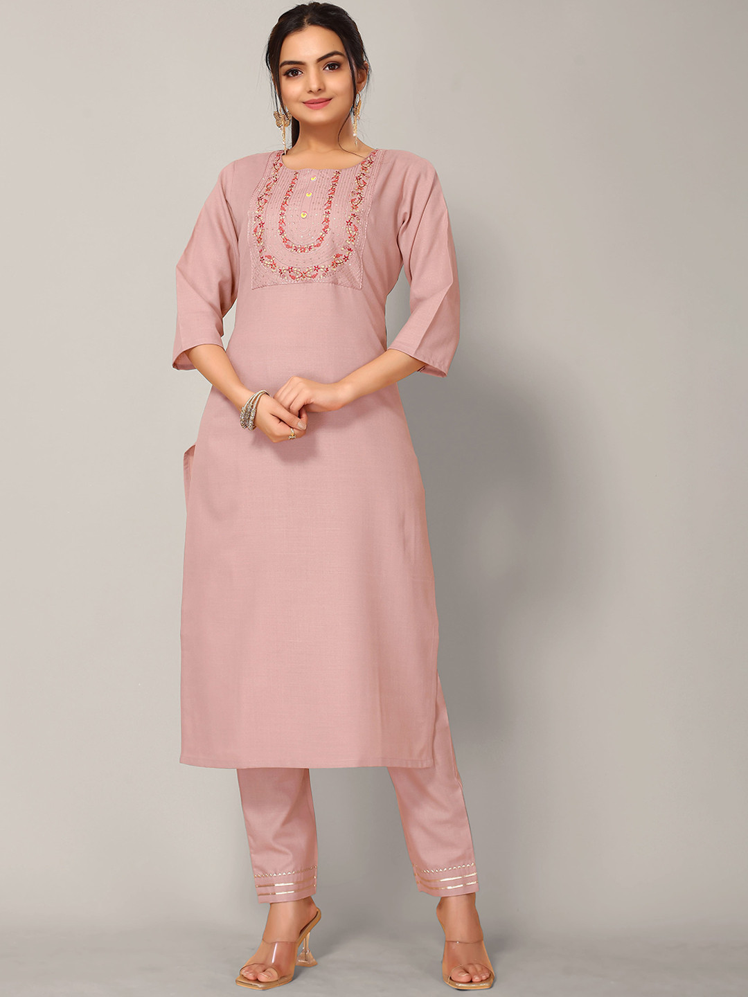 

Happy Design Floral Yoke Design Regular Thread Work Kurta With Trousers, Peach
