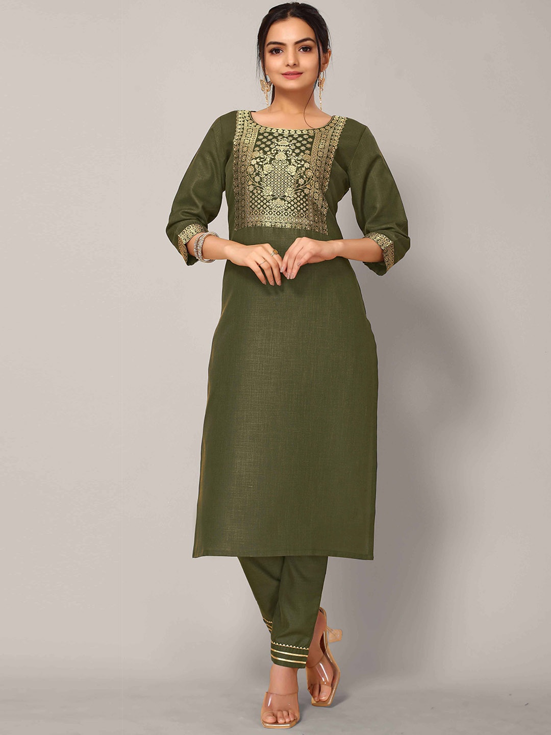 

Happy Design Ethnic Motifs Yoke Design Straight Kurta With Trousers, Sea green