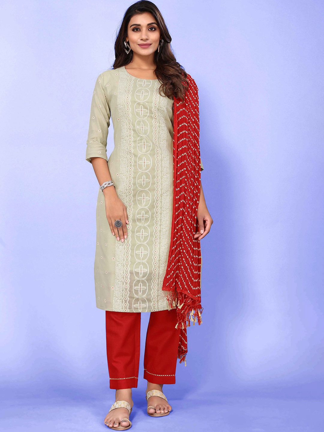 

Happy Design Bandhani Printed Pure Cotton Straight Kurta With Salwar & Dupatta, Lime green