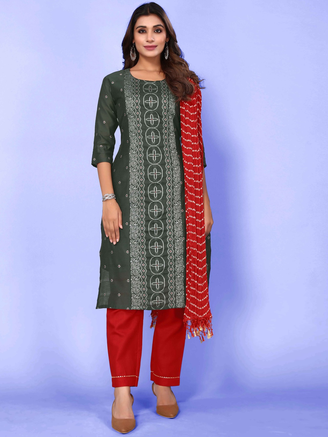 

Happy Design Bandhani Printed Pure Cotton Straight Kurta With Trousers & Dupatta, Green
