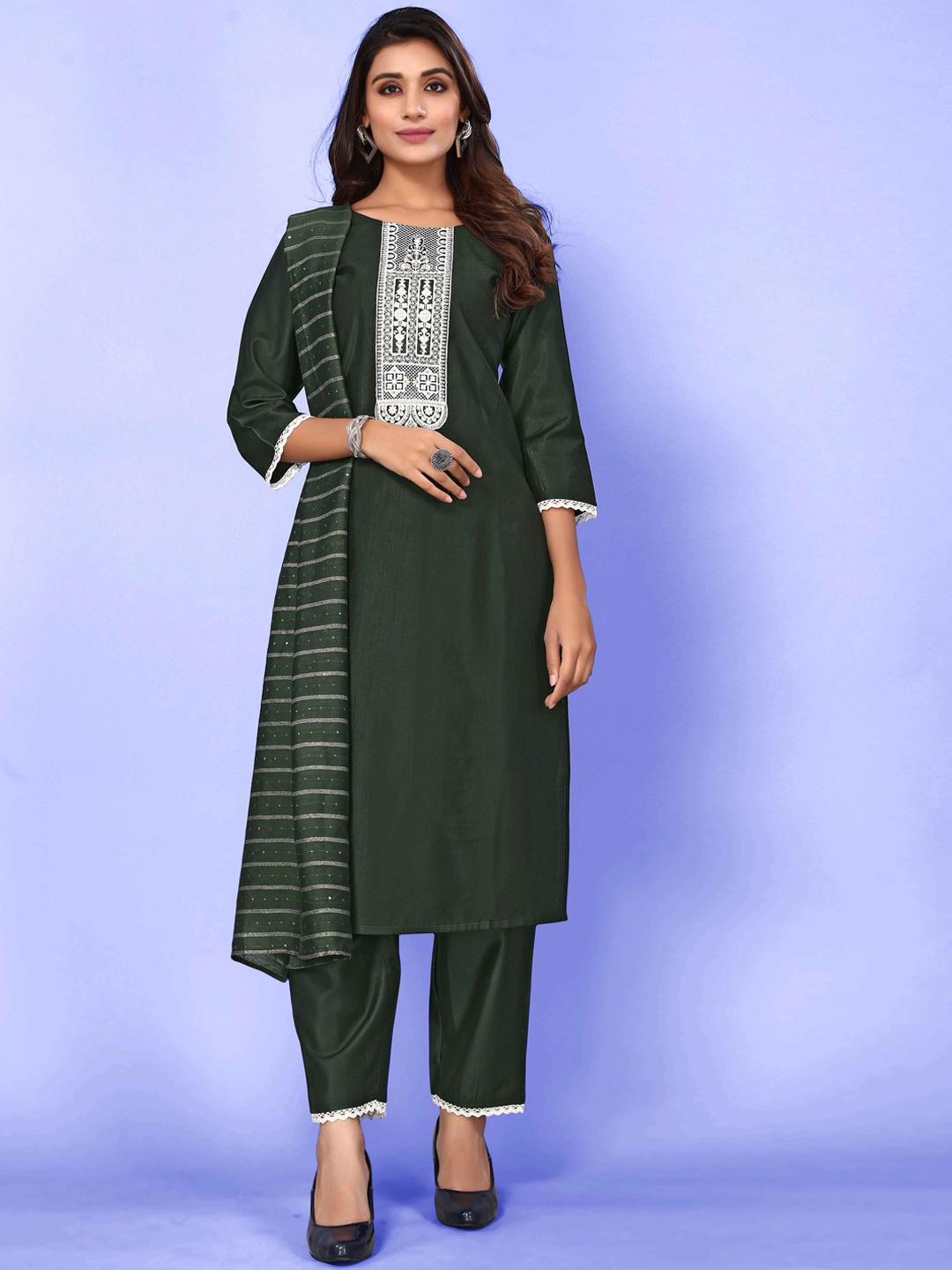 

Happy Design Ethnic Motifs Yoke Design Kurta With Trousers & Dupatta, Green