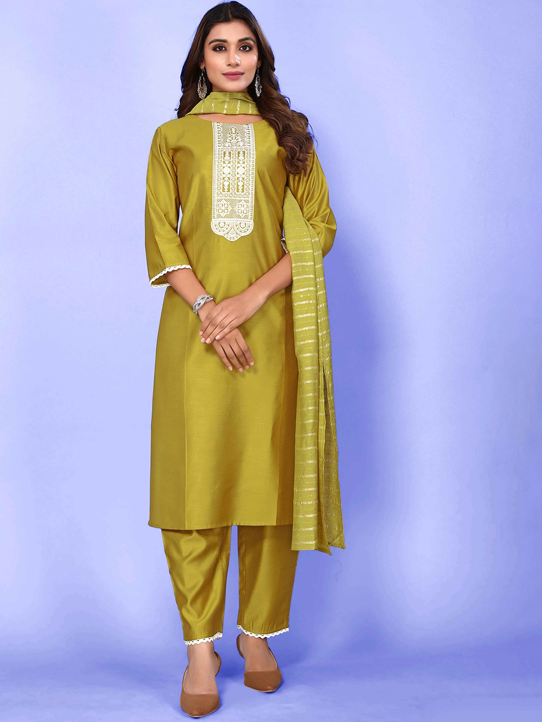 

Happy Design Ethnic Motifs Yoke Design Regular Thread Work Kurta With Trousers & Dupatta, Olive