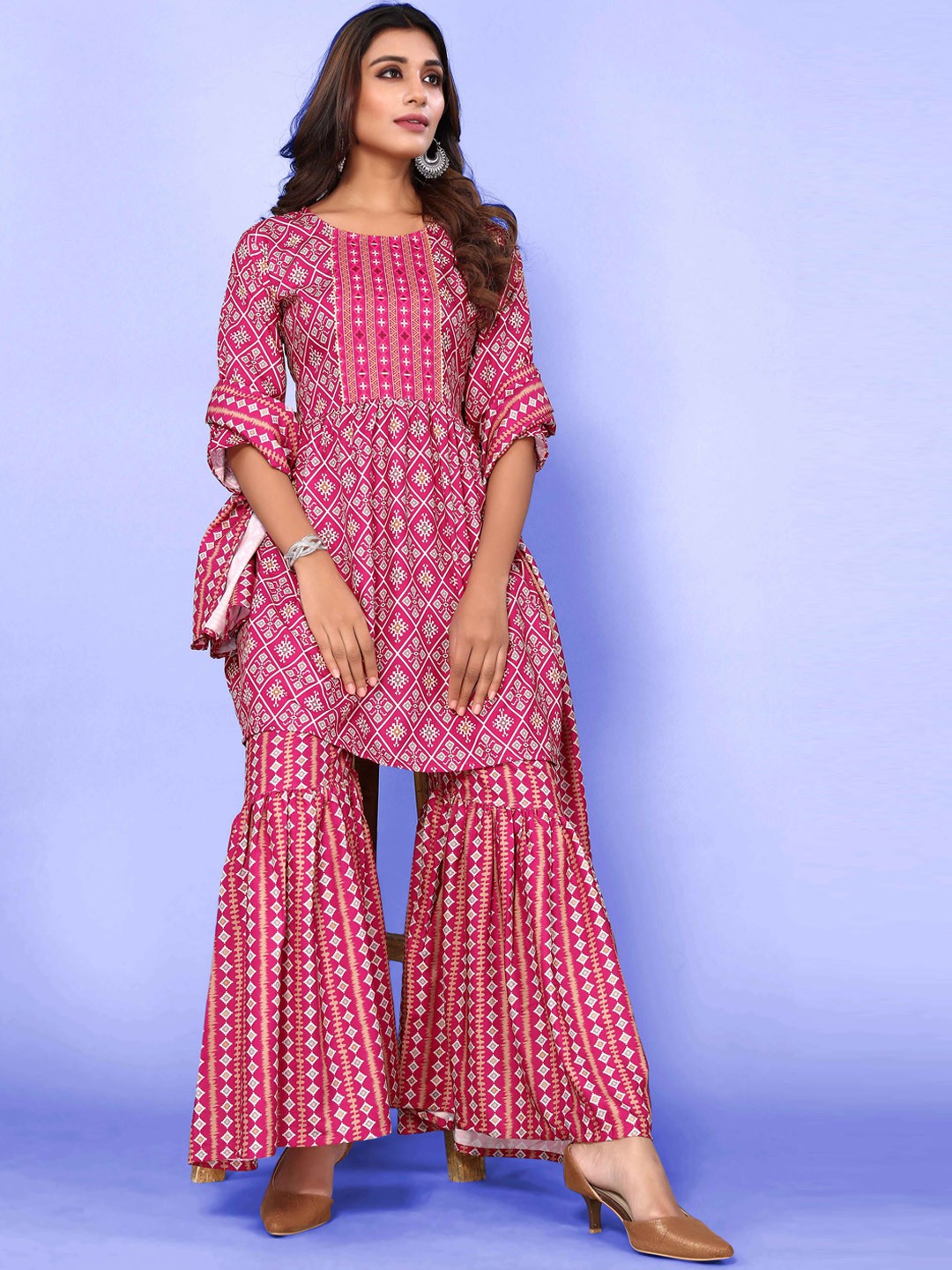 

Happy Design Ethnic Motifs Printed Empire Kurta with Sharara & Dupatta, Pink