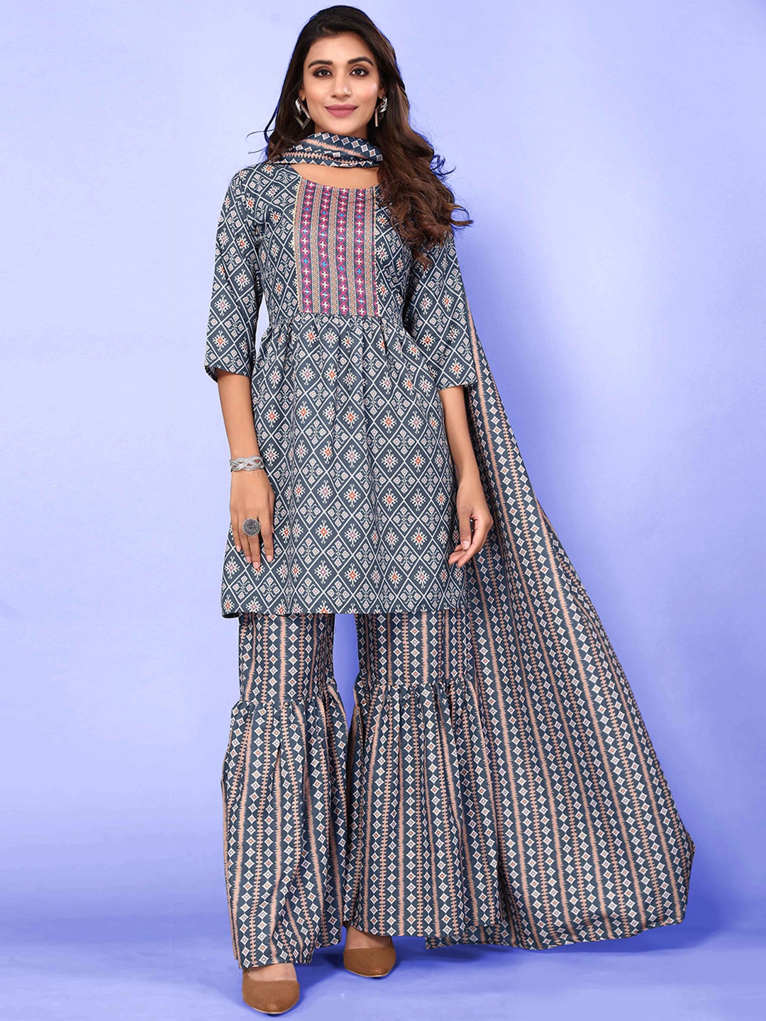 

Happy Design Printed Empire Kurti with Sharara & Dupatta, Teal