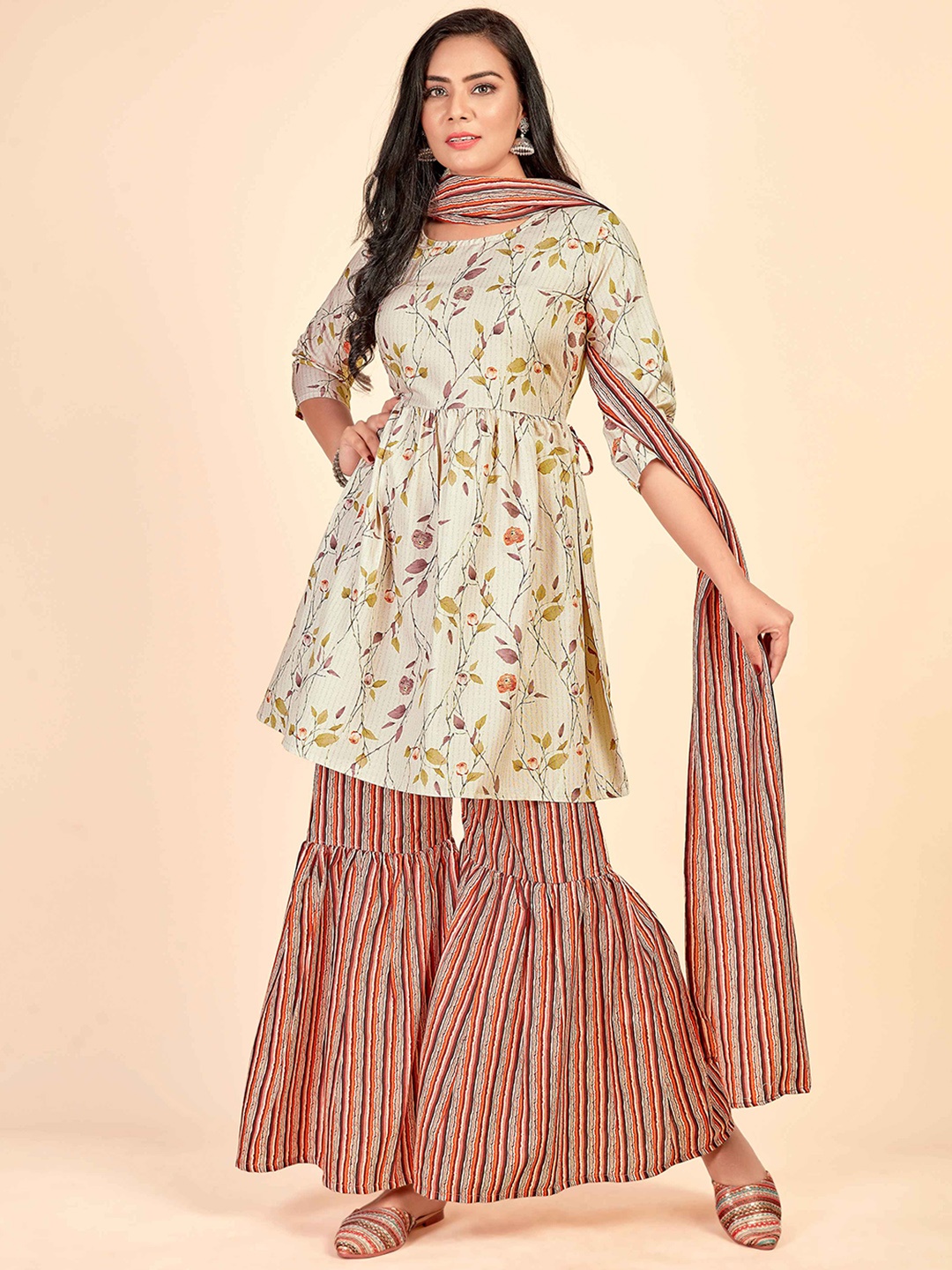 

Happy Design Floral Printed Regular Kurta With Sharara & Dupatta, Beige