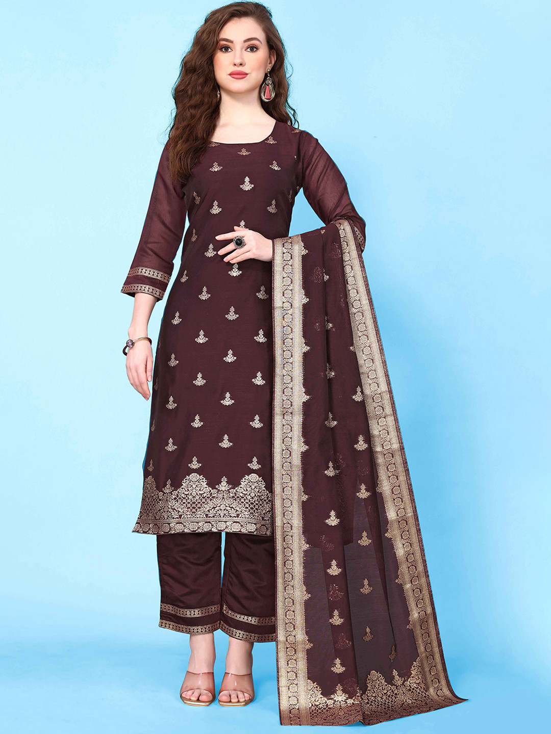 

Happy Design Ethnic Motifs Regular Pure Cotton Kurti with Trousers & Dupatta, Purple