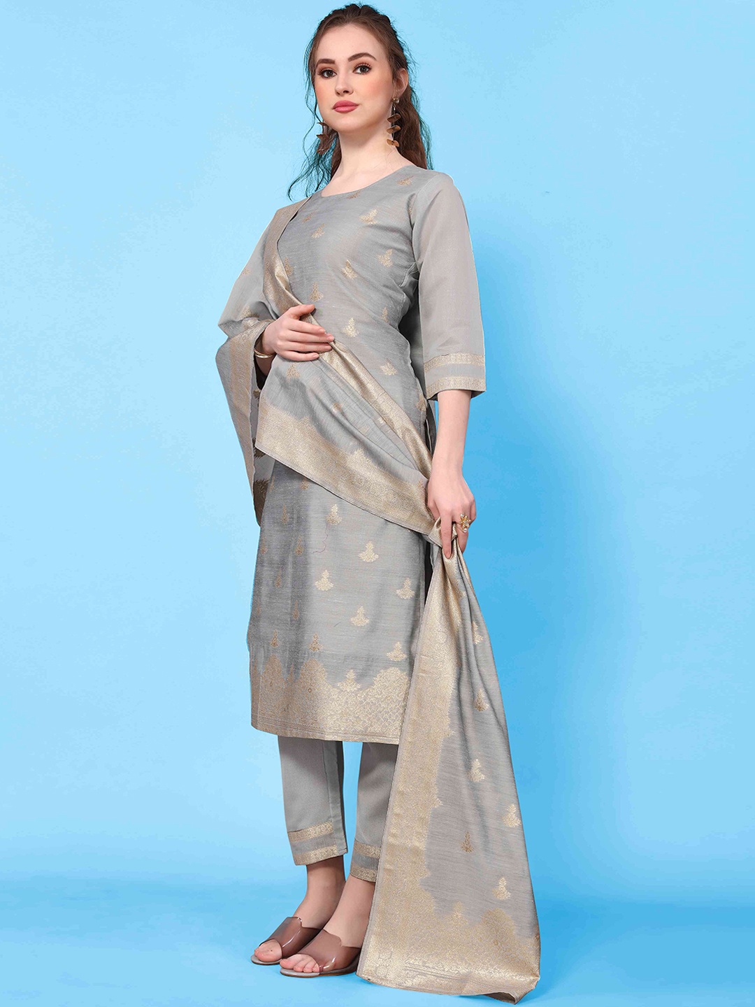 

Happy Design Ethnic Motifs Regular Pure Cotton Kurta with Trousers & Dupatta, Silver