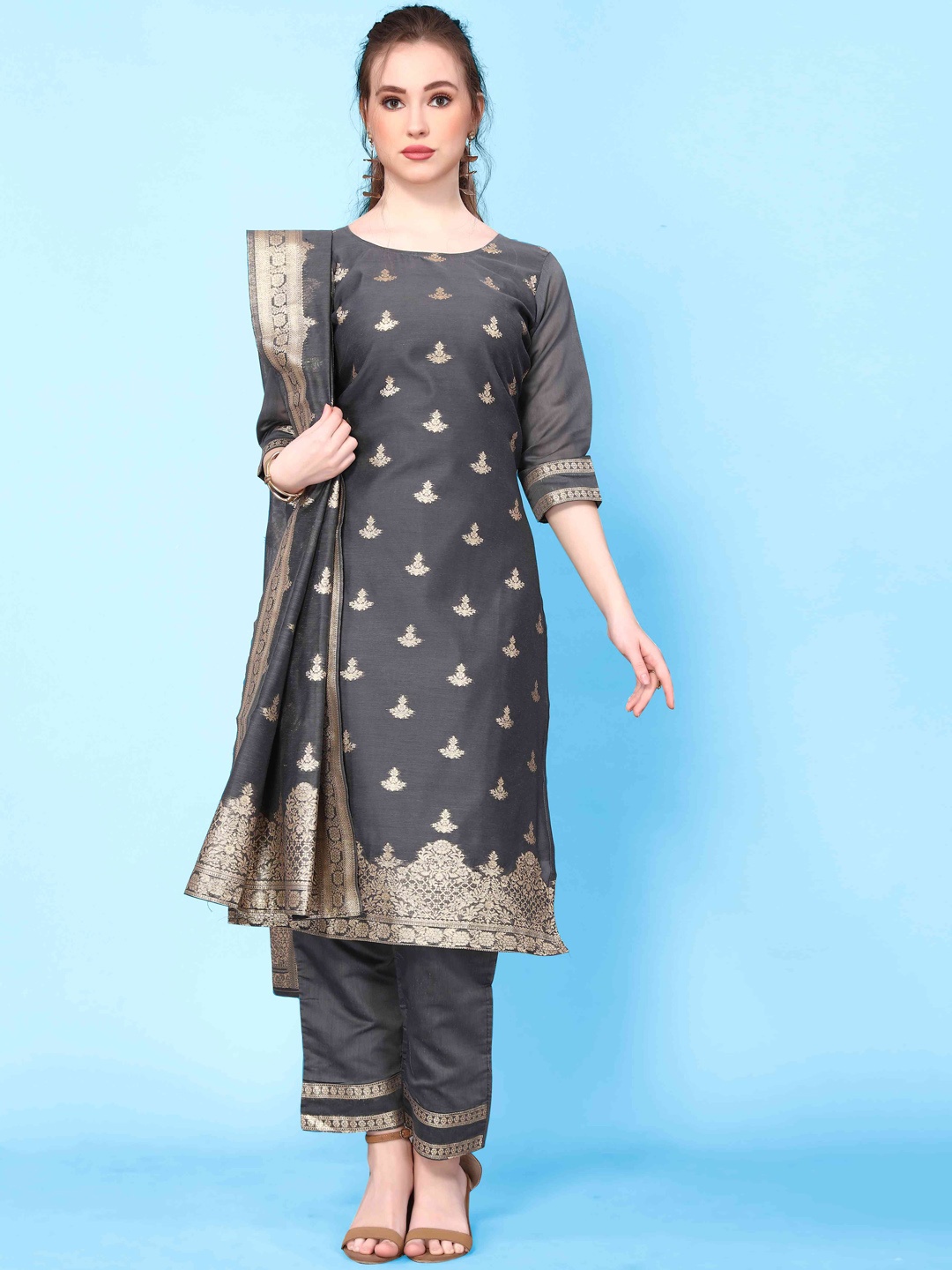 

Happy Design Regular Pure Cotton Kurta with Trousers & Dupatta, Grey