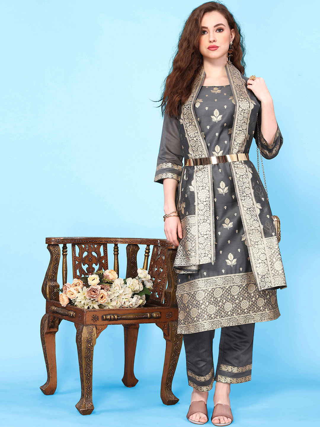 

Happy Design Ethnic Motifs Regular Pure Cotton Kurti with Trousers & Dupatta, Grey