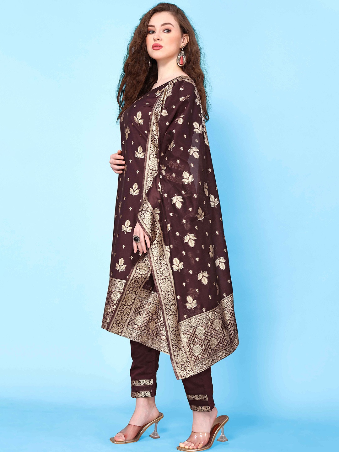 

Happy Design Woven Design Regular Pure Cotton Kurta With Trousers & Dupatta, Purple