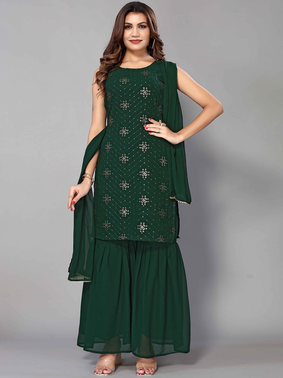 

Happy Design Ethnic Motifs Embroidered Regular Kurta With Sharara & Dupatta, Green
