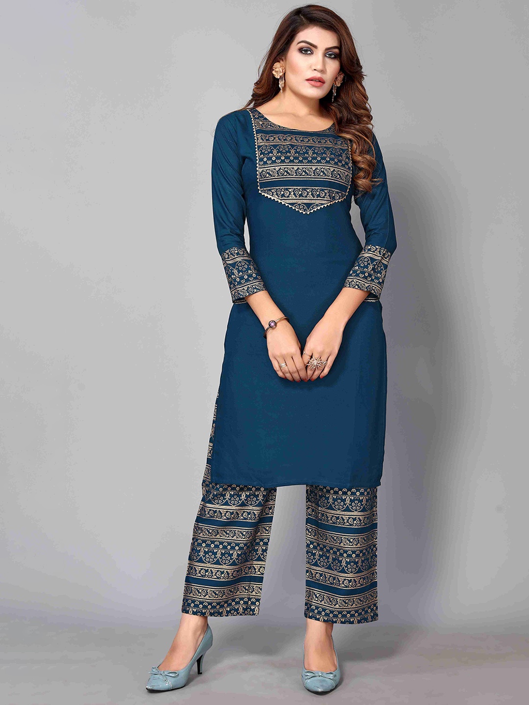 

Happy Design Ethnic Motifs Printed Straight Kurta With Palazzos, Teal