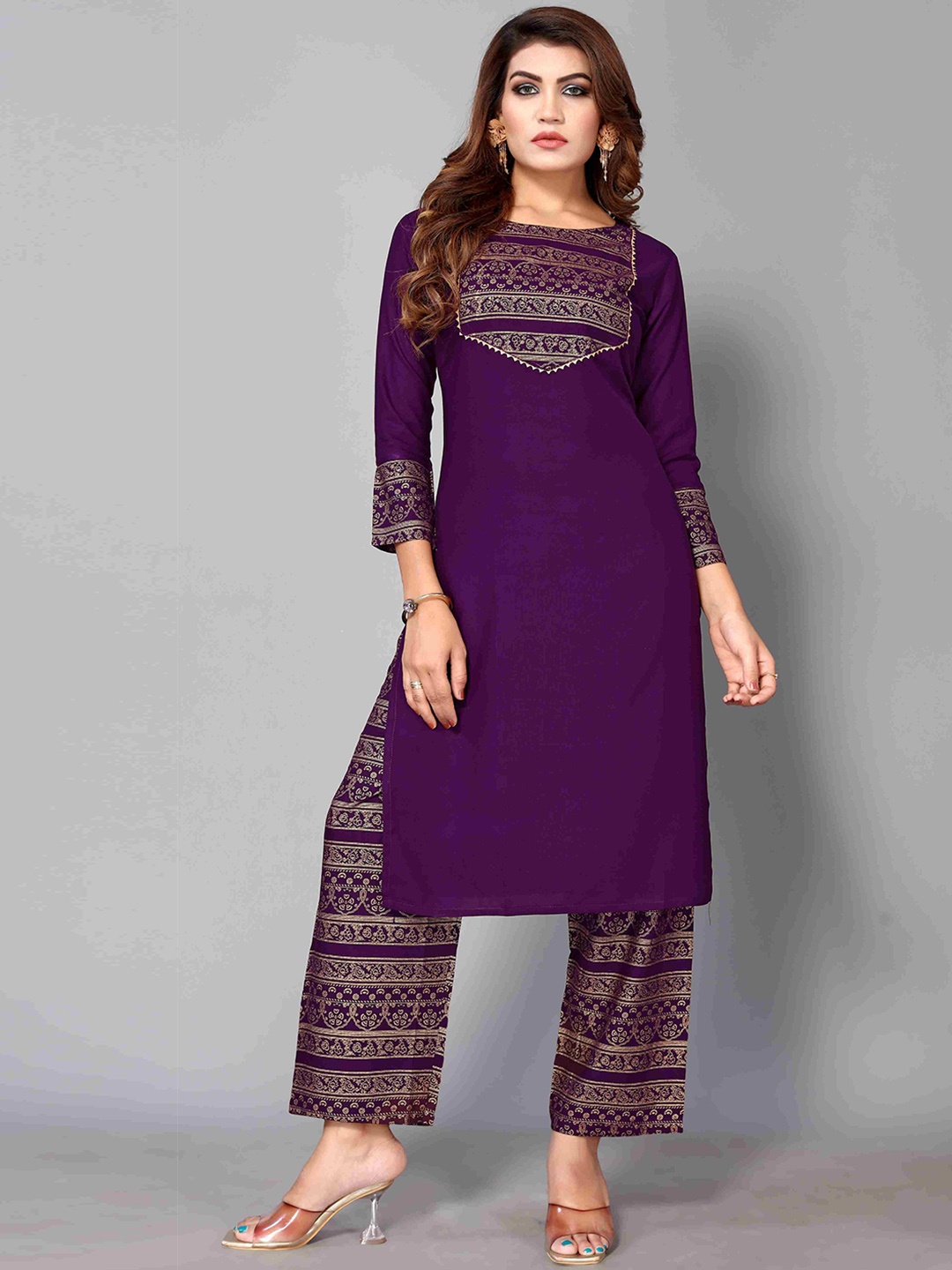 

Happy Design Ethnic Motifs Printed Regular Kurti with Palazzos, Purple