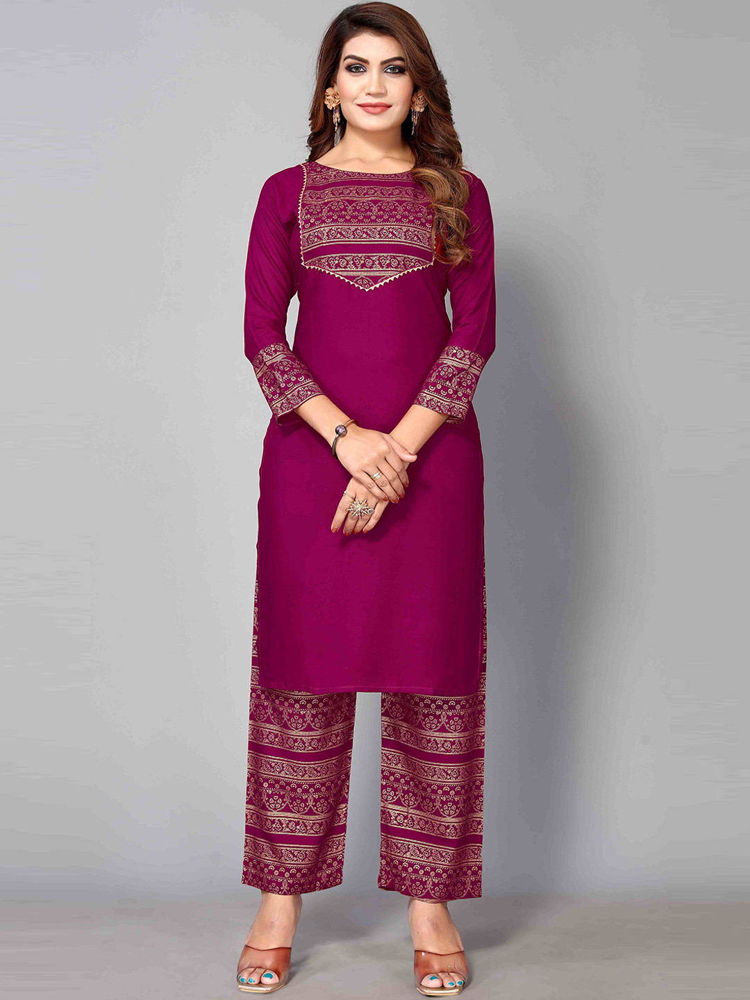 

Happy Design Ethnic Motifs Yoke Design Regular Kurta With Palazzos, Magenta