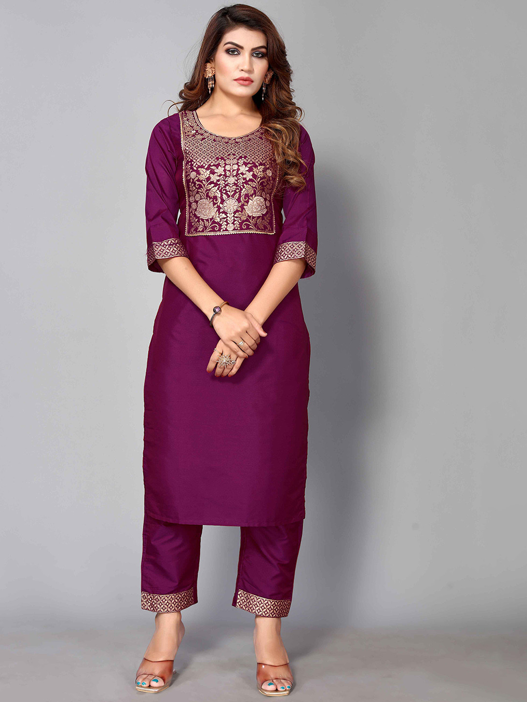 

Happy Design Ethnic Motifs Yoke Design Straight Kurta With Trousers, Purple