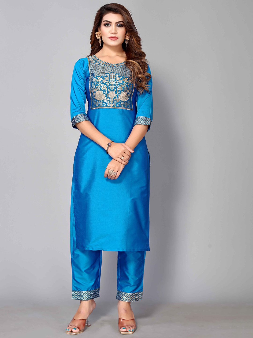 

Happy Design Ethnic Motifs Yoke Design Straight Kurta With Trousers, Turquoise blue