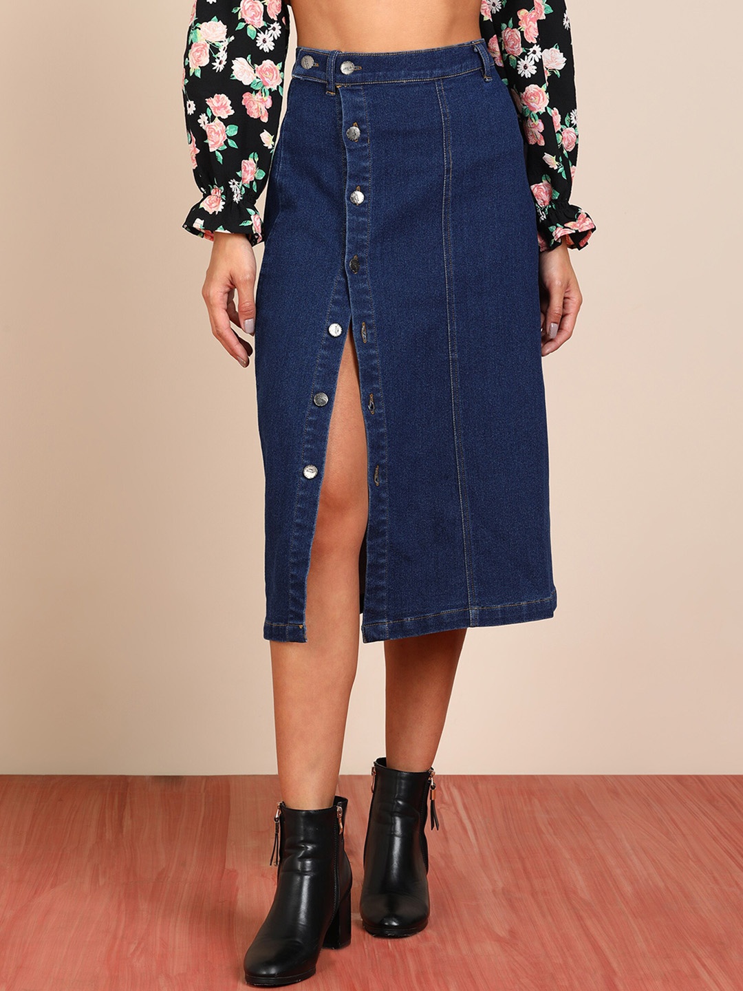 

MONTREZ Denim Front-Slit Straight A-Line Skirt, Blue