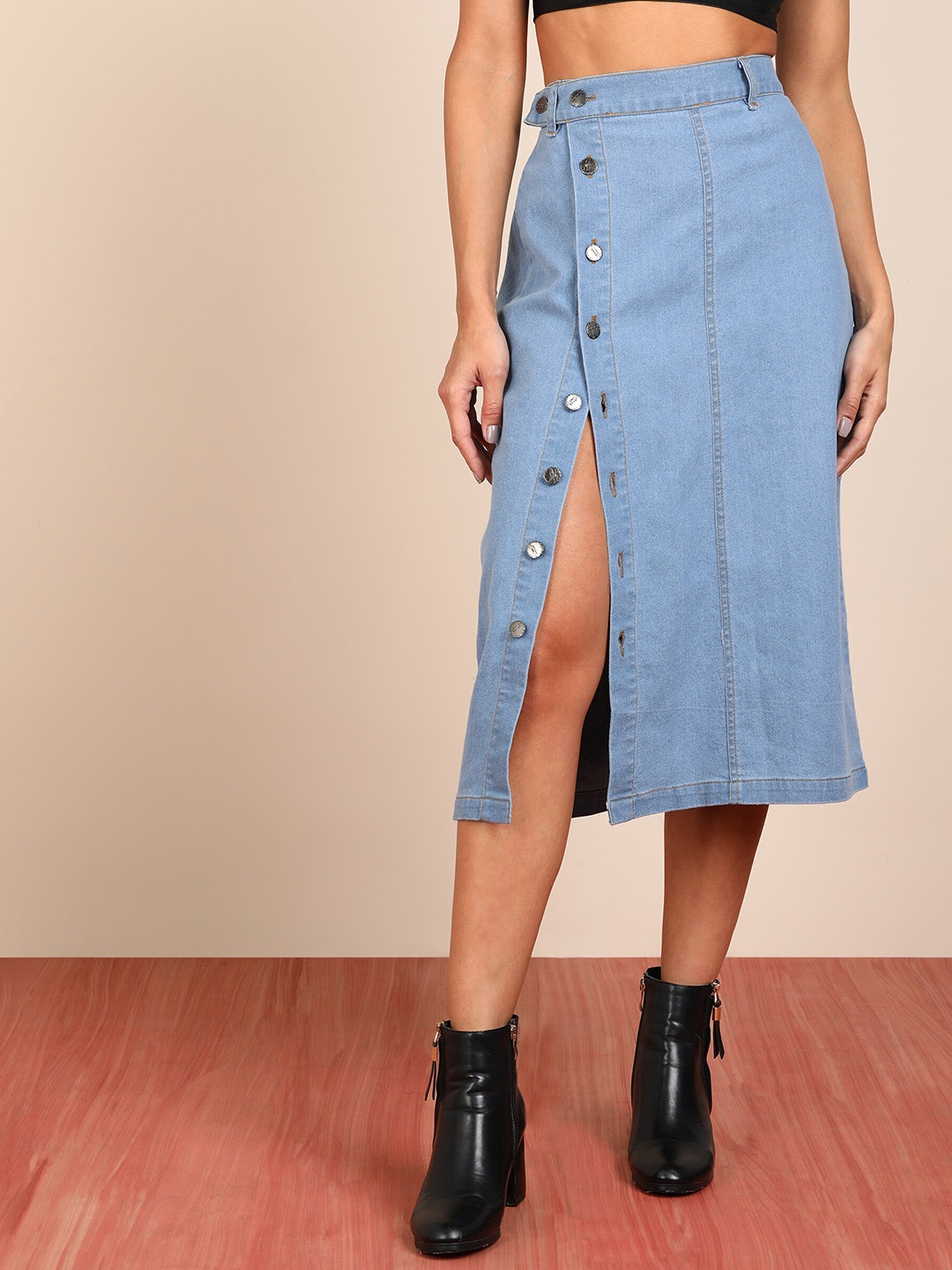 

MONTREZ Women A-Line Midi Denim Skirt, Blue