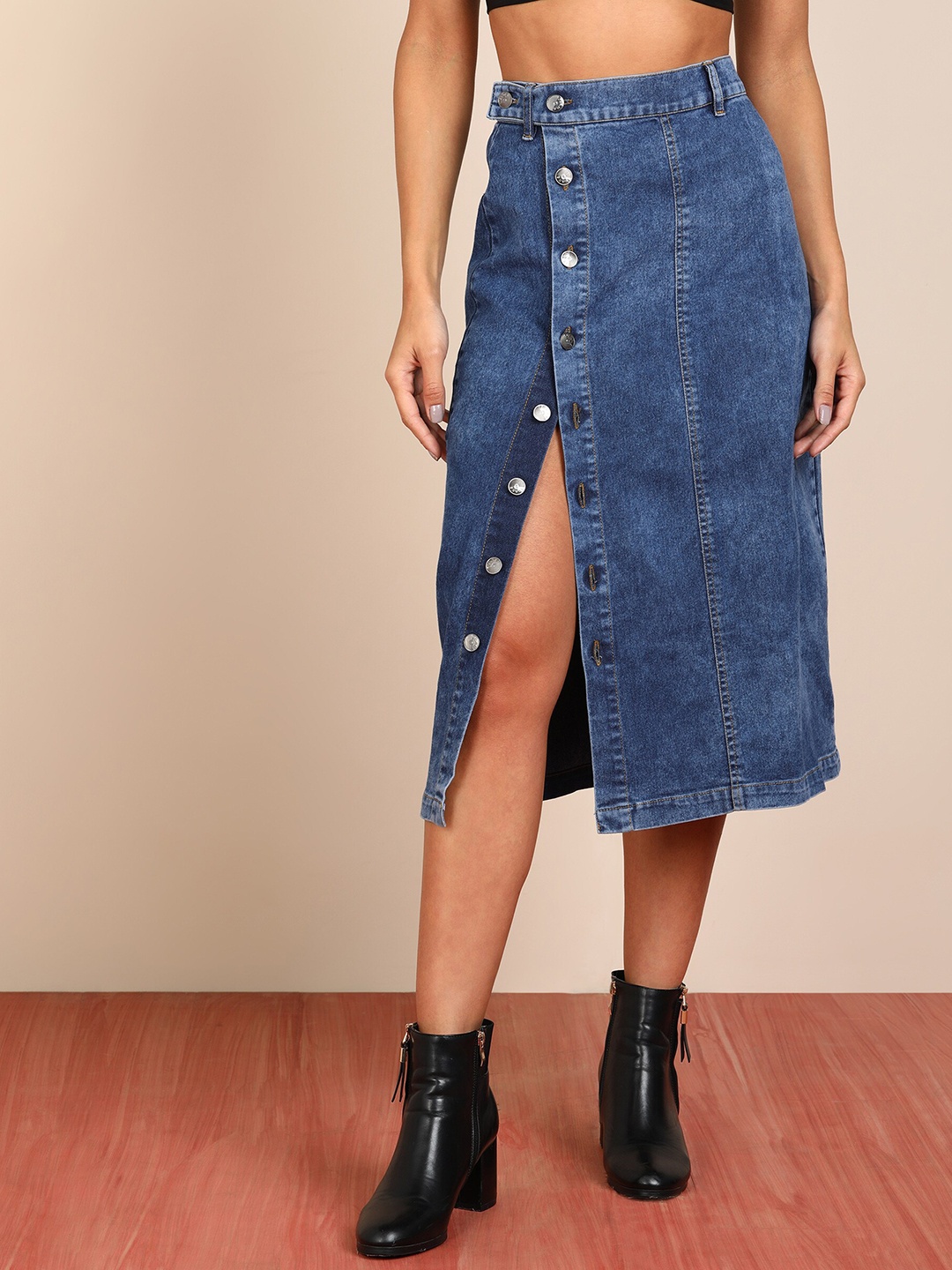 

MONTREZ Denim Knee-Length Straight Skirts, Blue