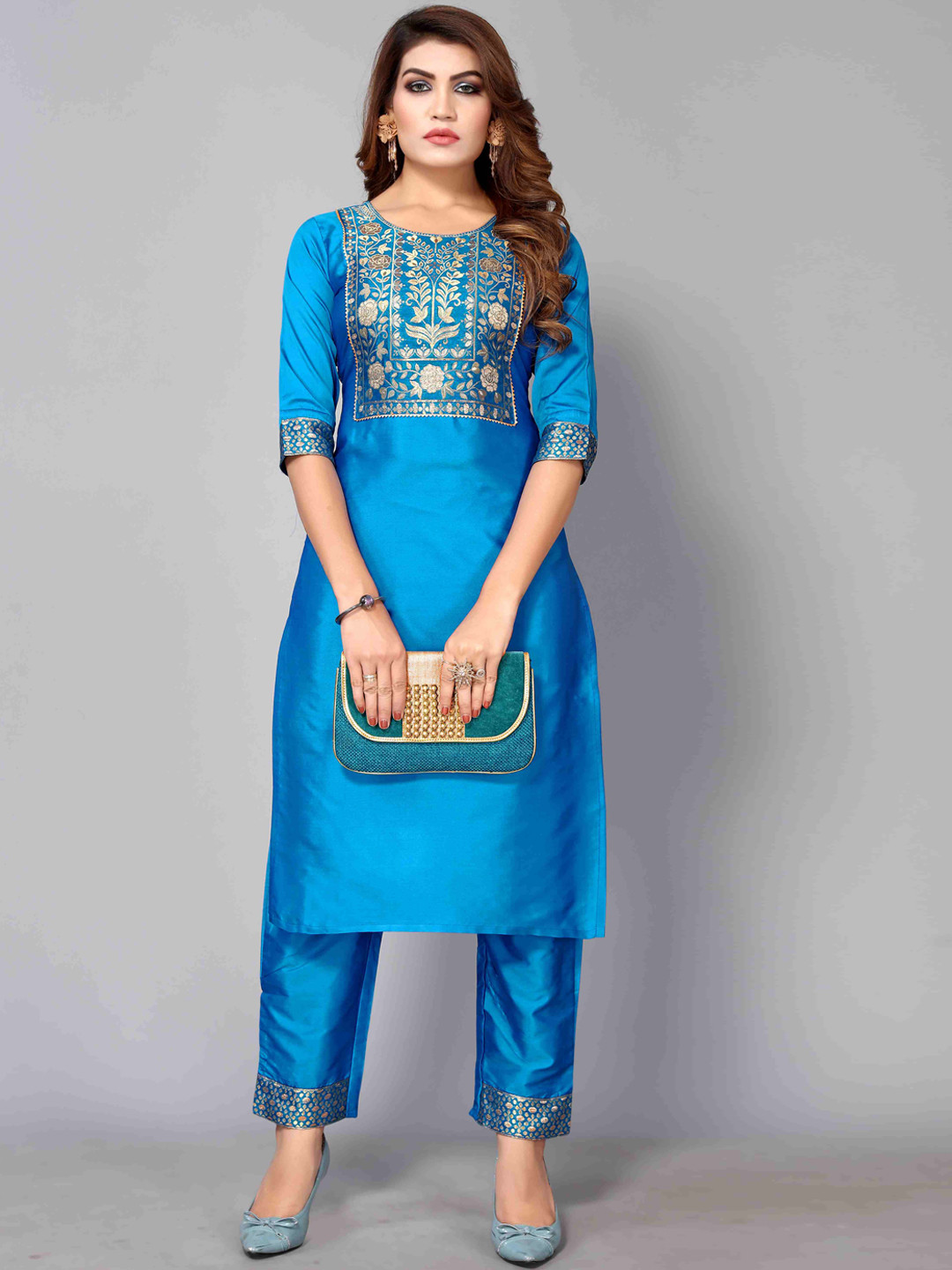 

Happy Design Ethnic Motifs Embroidered Regular Thread Work Kurta with Trousers, Turquoise blue