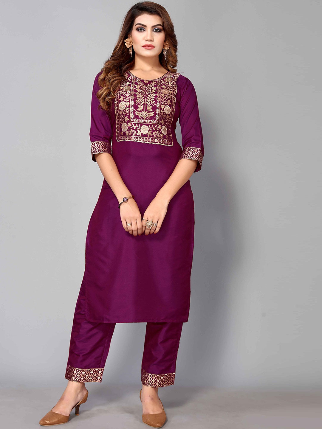 

Happy Design Ethnic Motifs Yoke Design Straight Kurta With Trousers, Purple