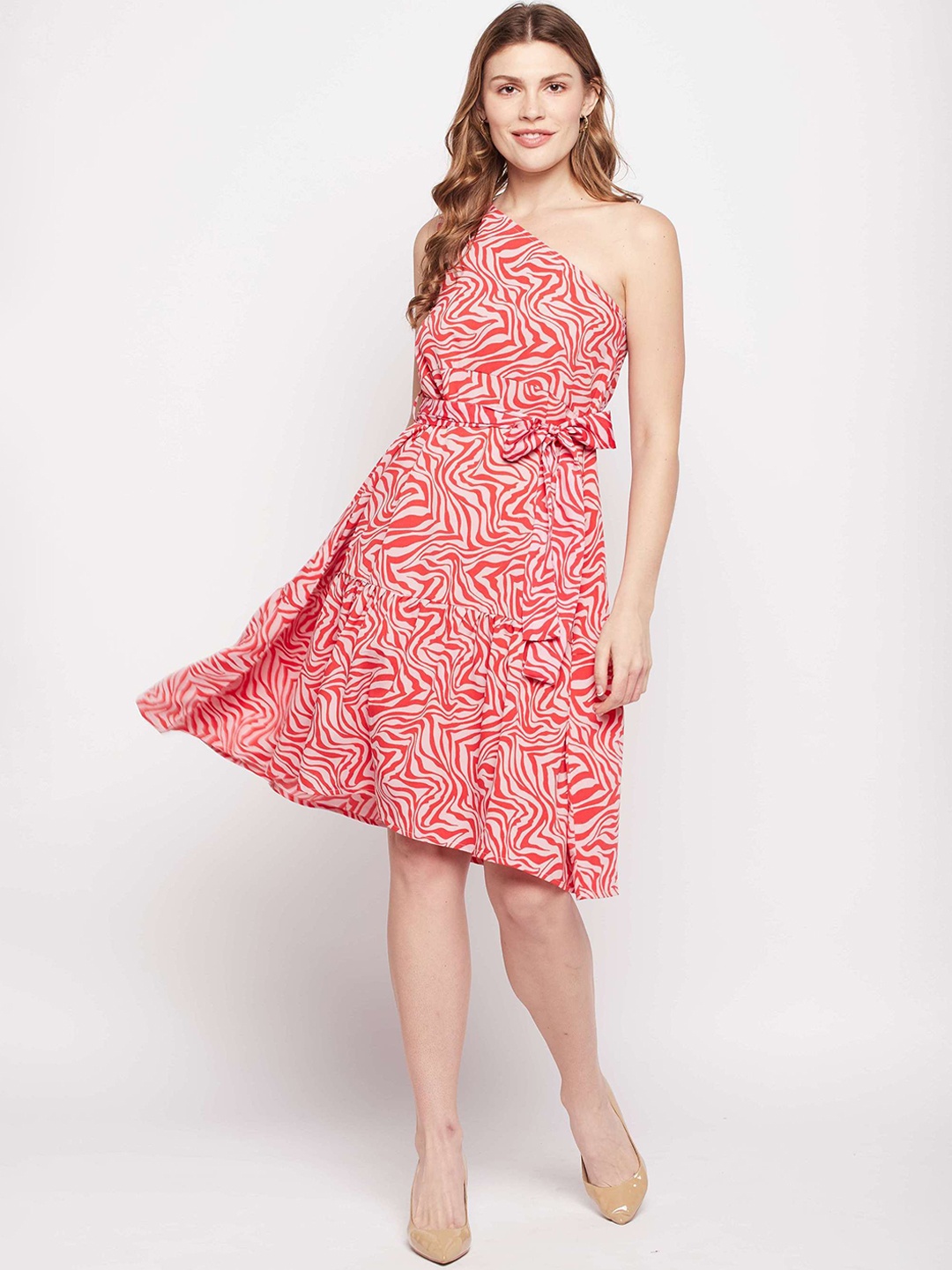 

Fashfun Abstract Printed One Shoulder Belted Fit & Flare Dress, Red