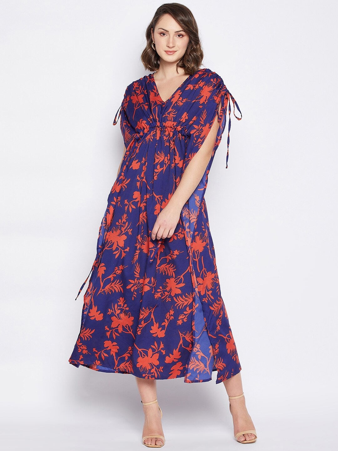 

Fashfun Floral Printed Extended Sleeves Kaftan Midi Dress, Blue