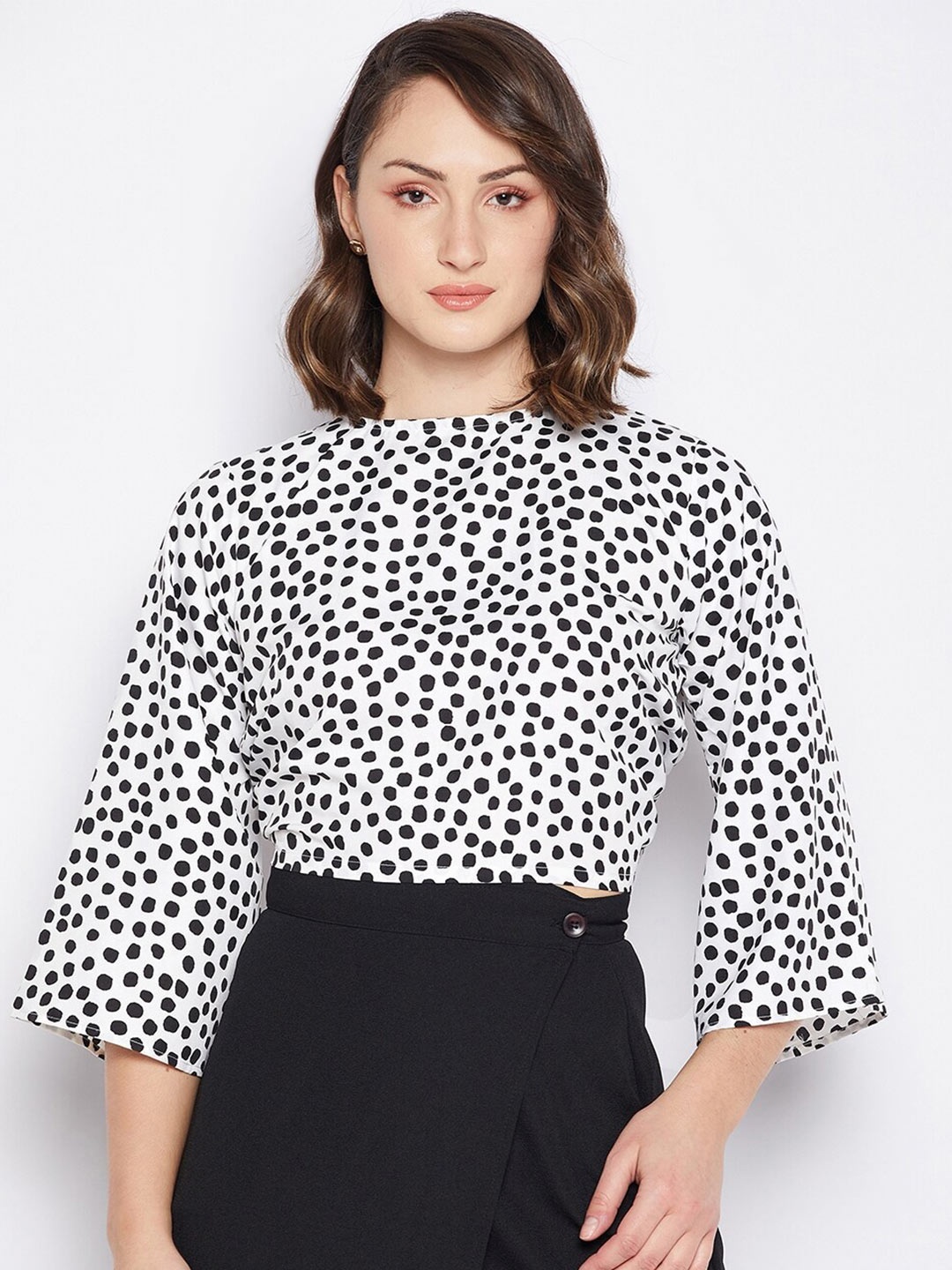 

Fashfun Polka Dots Printed Flared Sleeve Styled Back Top, White