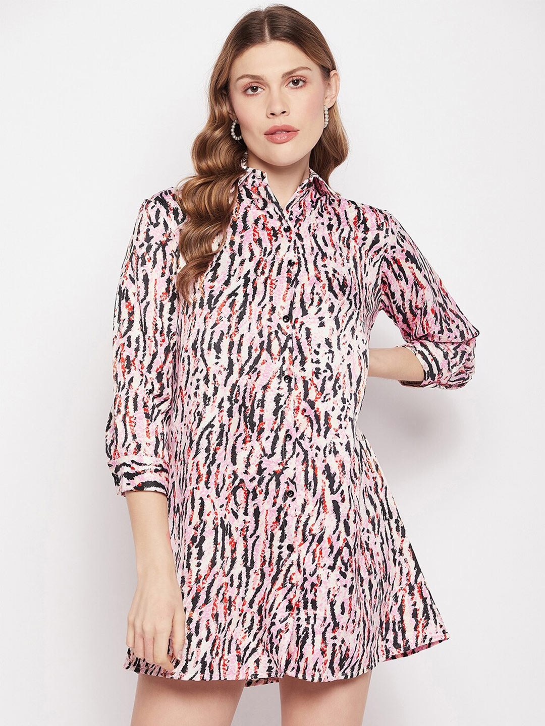 

Fashfun Animal Printed Cuffed sleeves Shirt Mini Dress, Pink