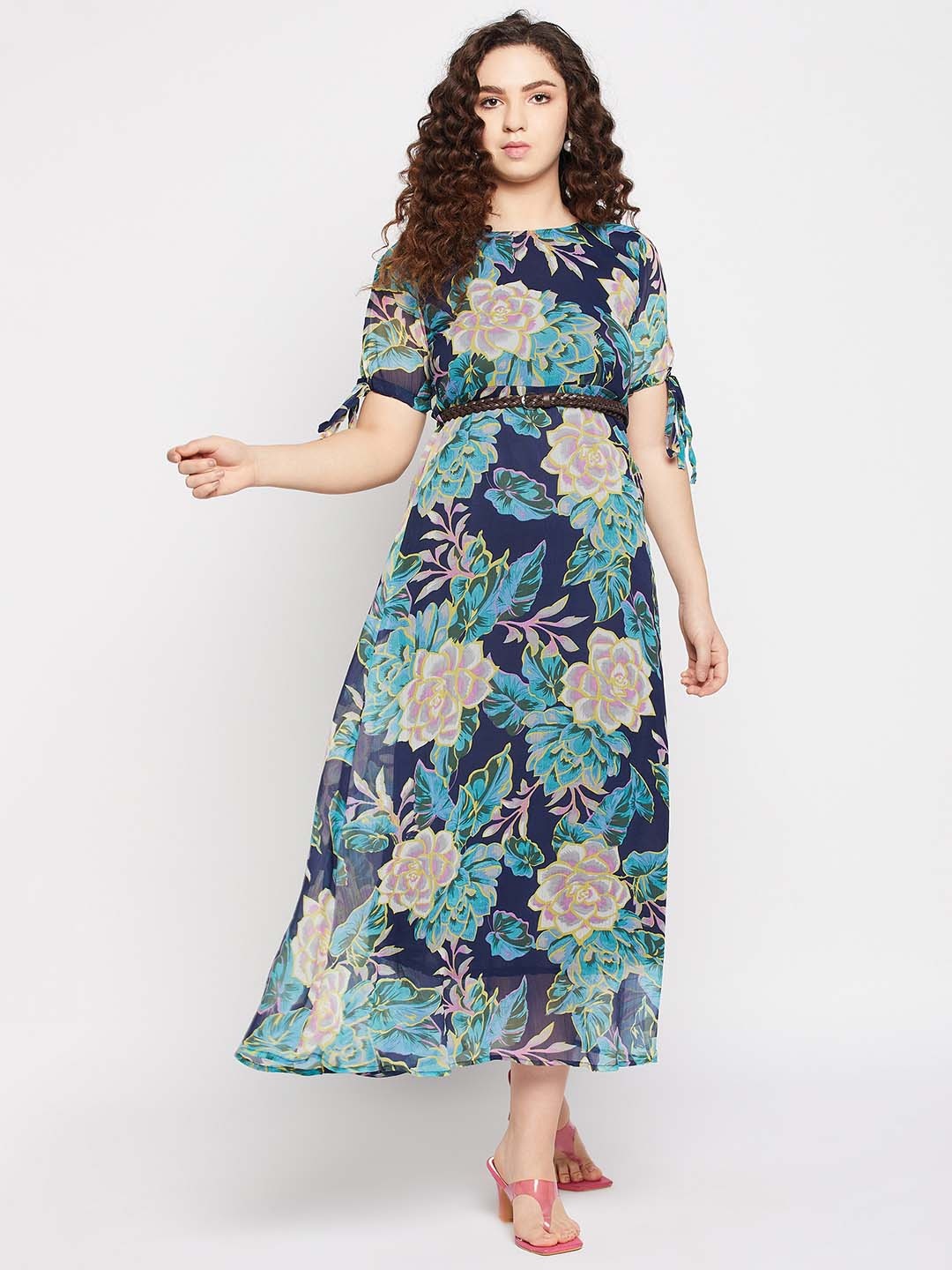 

Fashfun Floral Printed Tie-Up Slit Sleeves Belted Fit & Flare Midi Dress, Navy blue