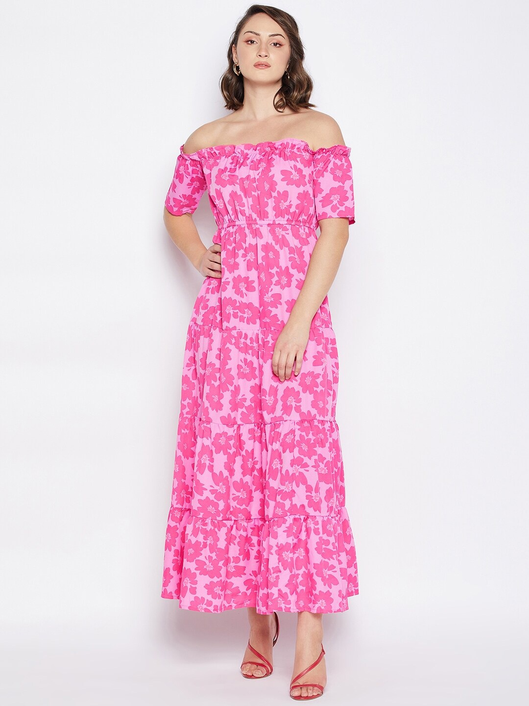 

Fashfun Floral Printed Off-Shoulder Tiered Fit & Flare Maxi Dress, Pink
