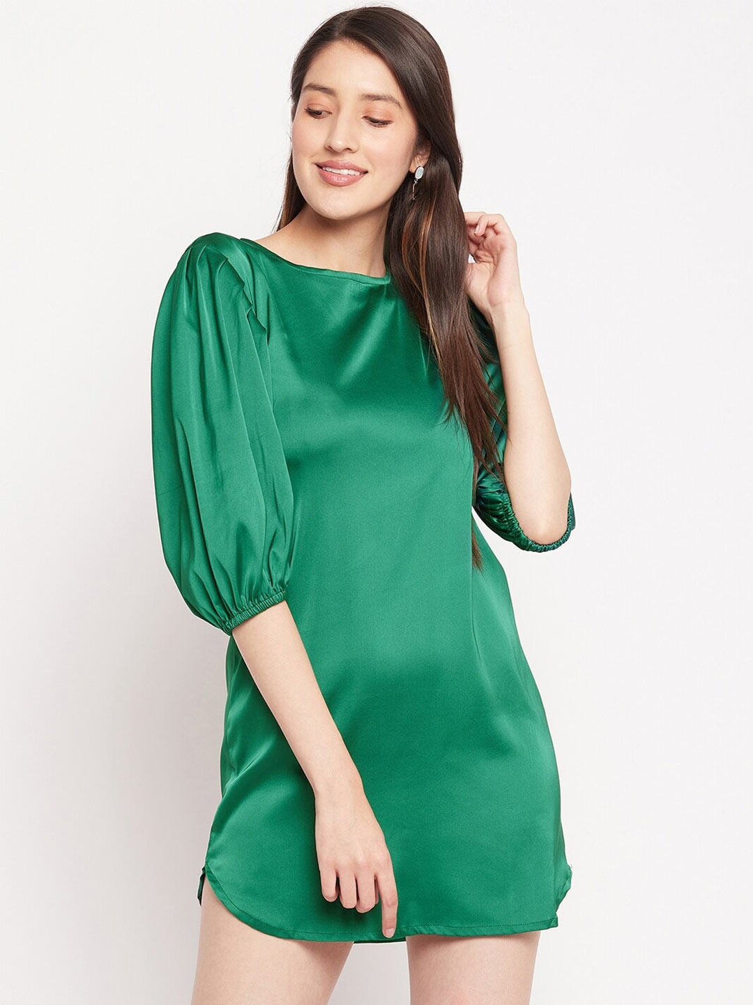 

Fashfun Puff Sleeves A-Line Mini Dress, Green