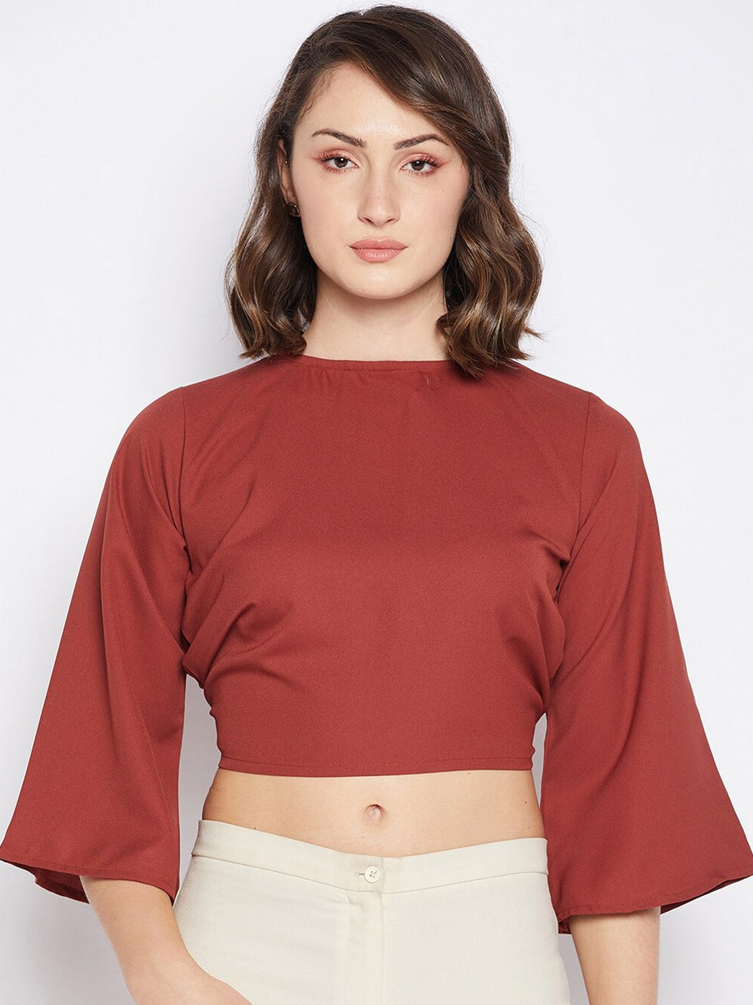 

Fashfun Round Neck Flared Sleeves Styled Back Crop Top, Brown