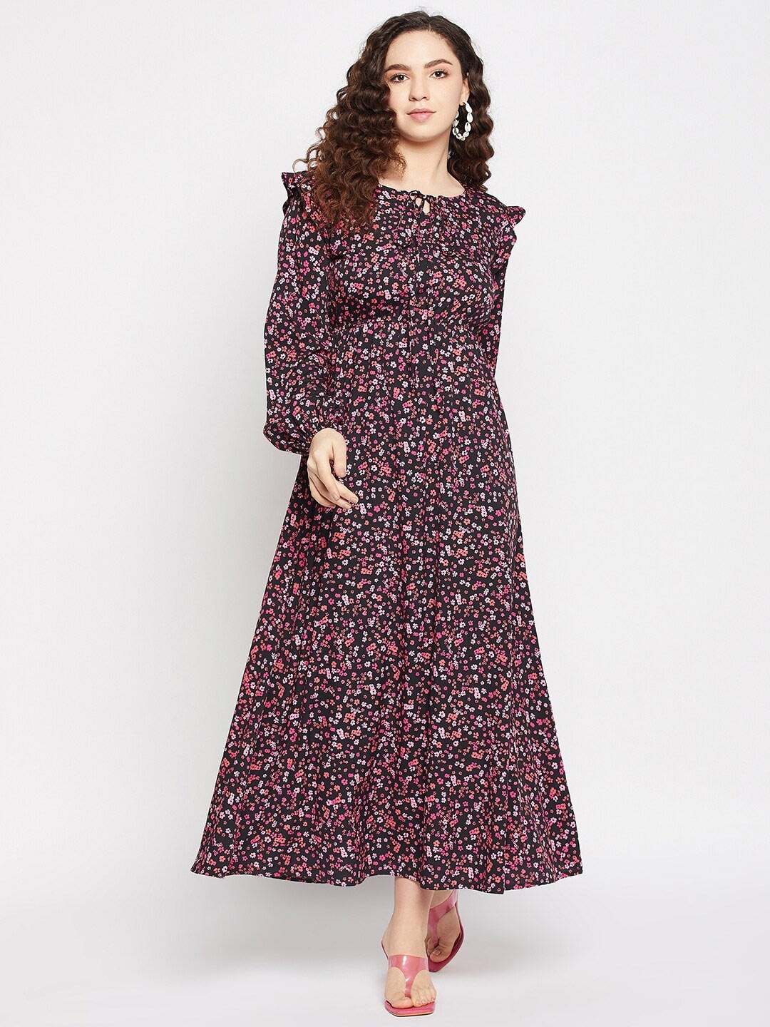 

Fashfun Floral Printed Puff Sleeves Fit & Flare Maxi Dress, Black