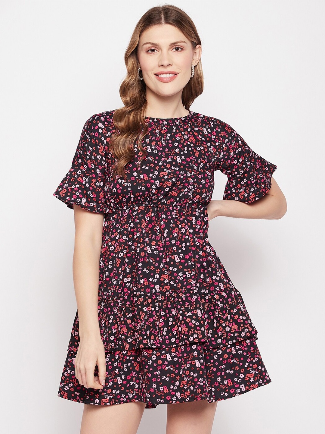 

Fashfun Floral Printed Flared Sleeve Fit & Flare Mini Dress, Black