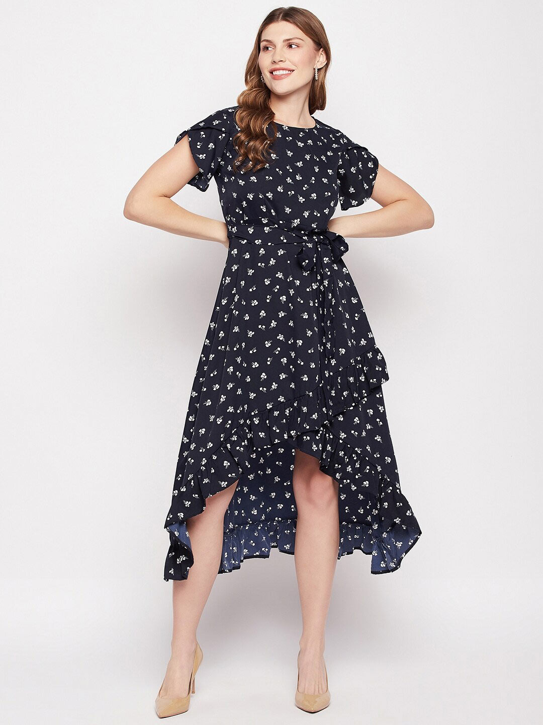 

Fashfun Floral Printed Tulip Flared Sleeves Gathered Fit & Flare Midi Dress, Navy blue