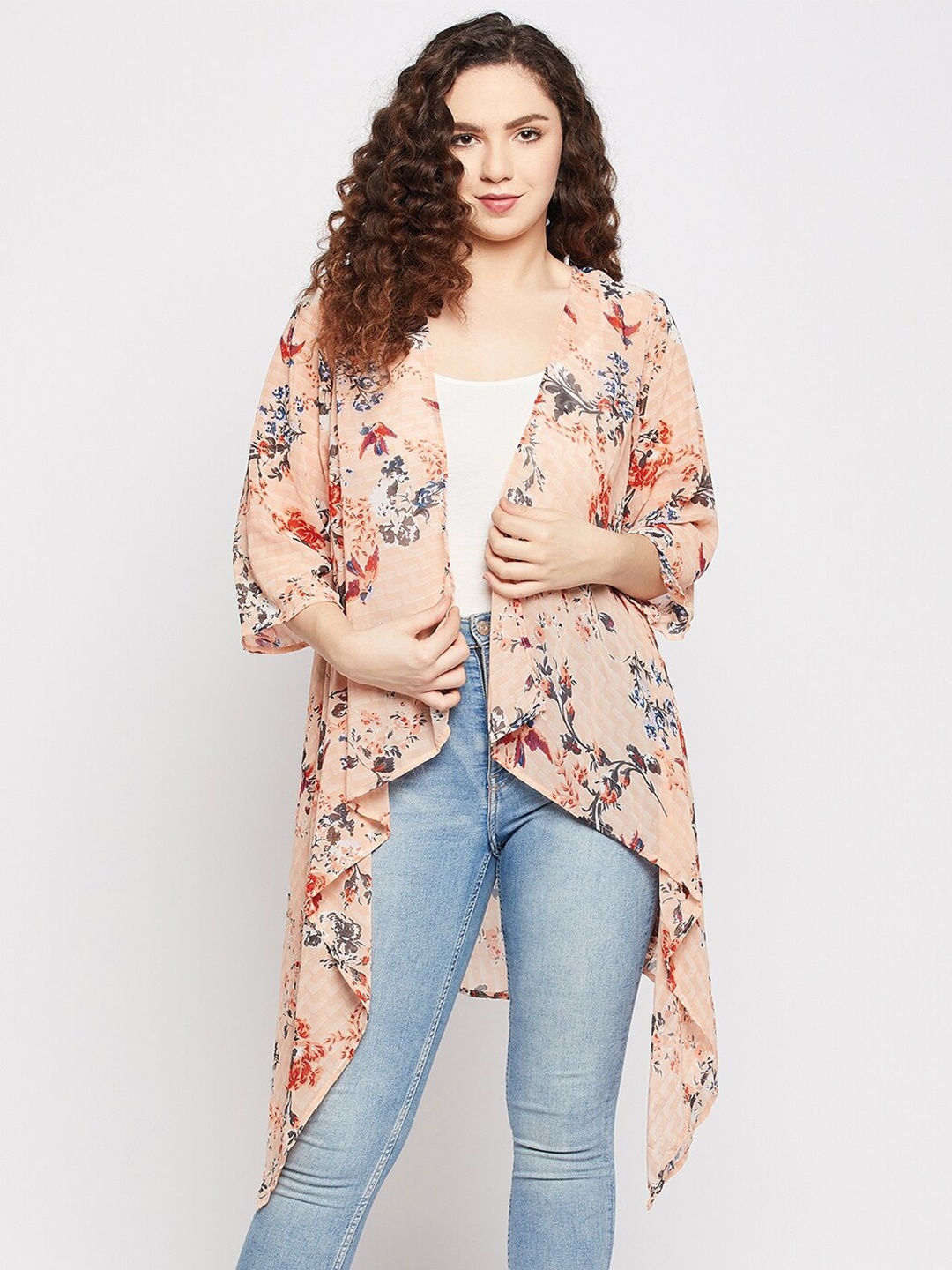 

Fashfun Women Printed Open Front Longline Shrug, Pink