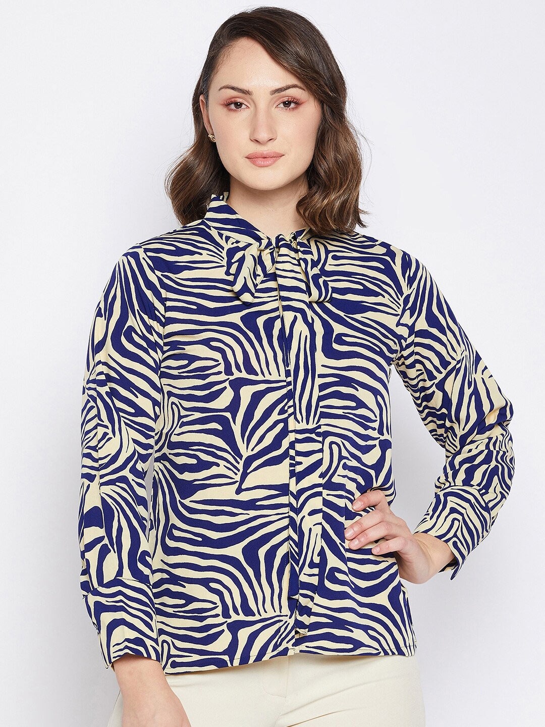 

Fashfun Animal Printed Tie Up Neck Shirt Style Top, Blue