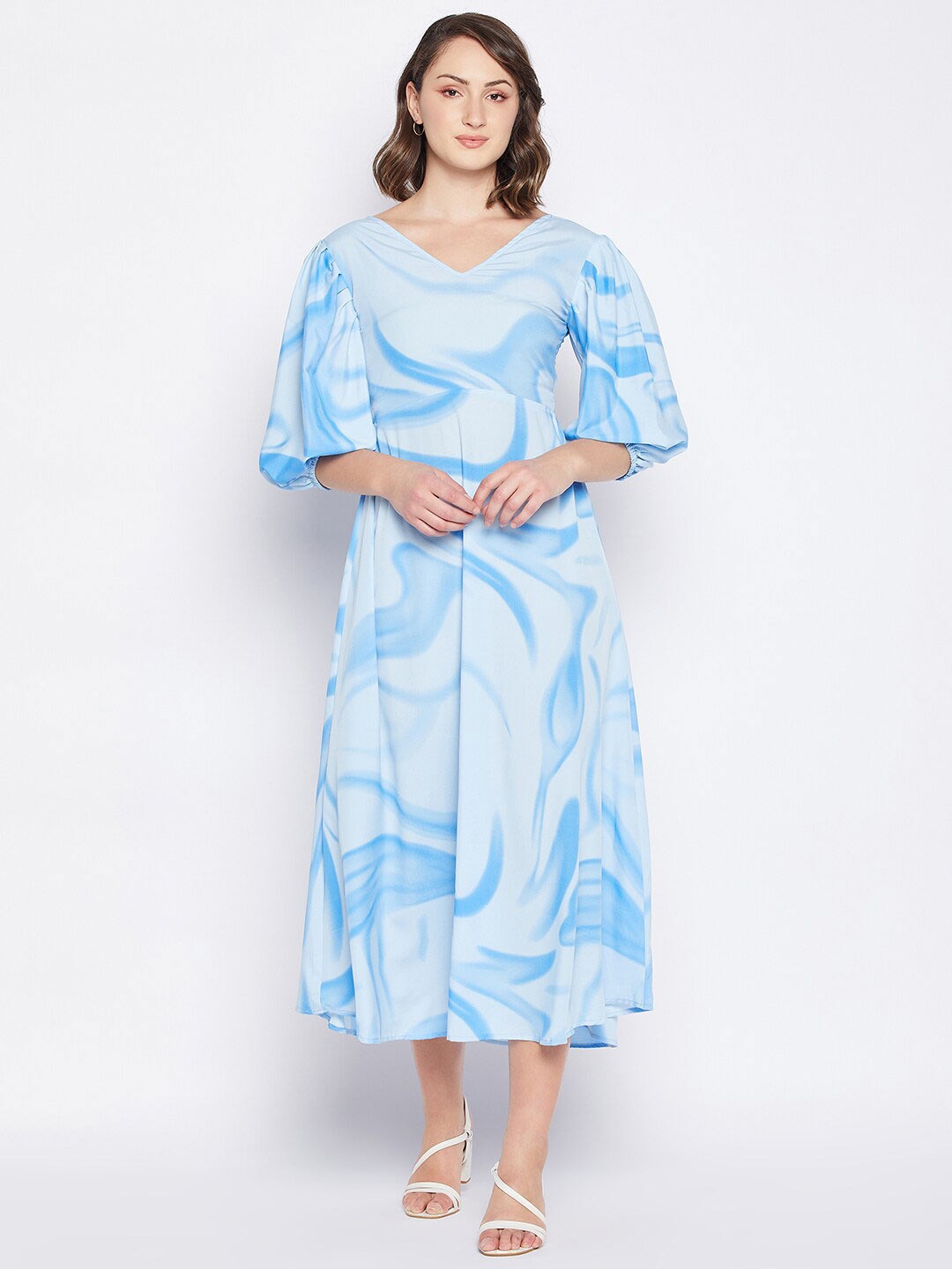 

Fashfun Abstract Printed Puff Sleeves Cut-Outs Fit & Flare Midi Dress, Blue